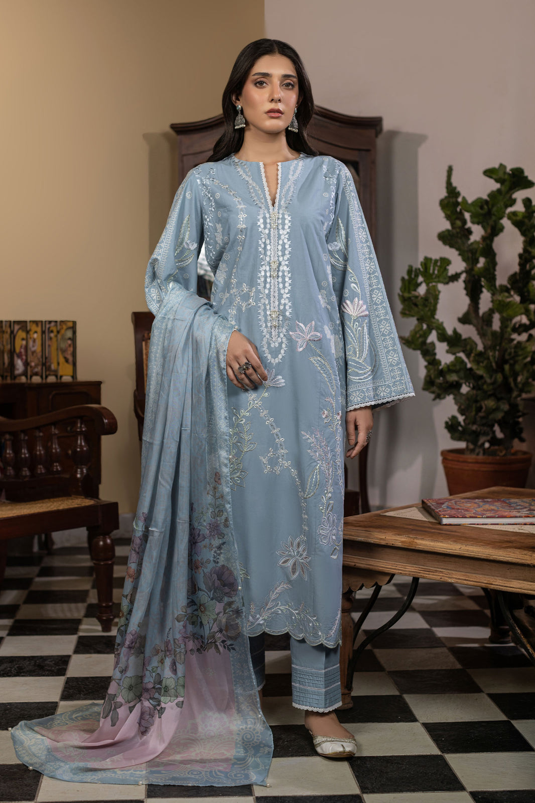Ice Blue Embroidered Cambric Cotton Suit