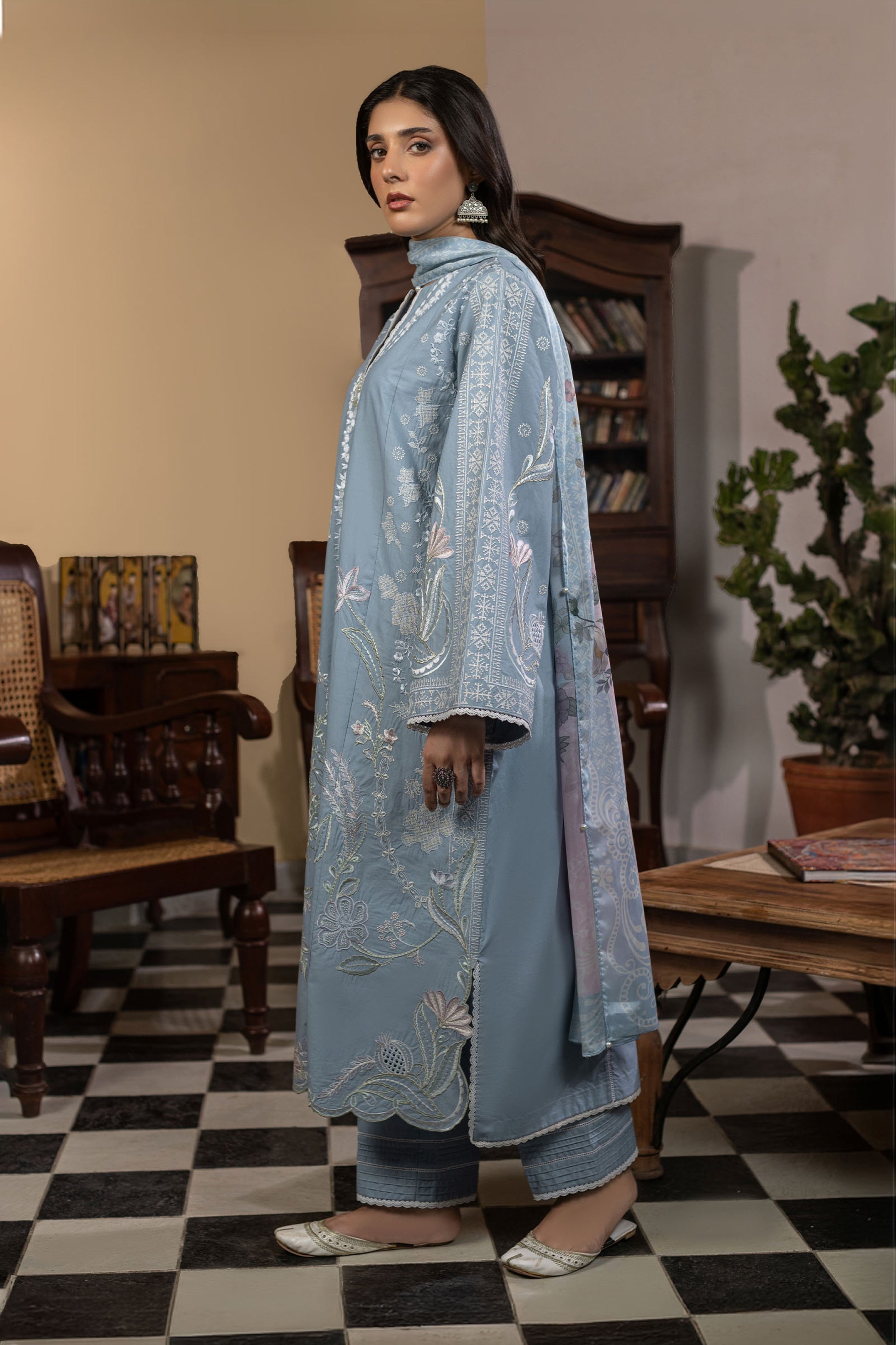 Ice Blue Embroidered Cambric Cotton Suit – view 1