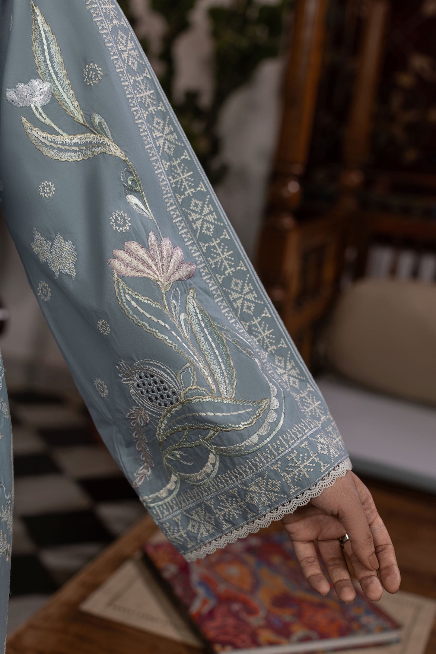 Ice Blue Embroidered Cambric Cotton Suit – view 4