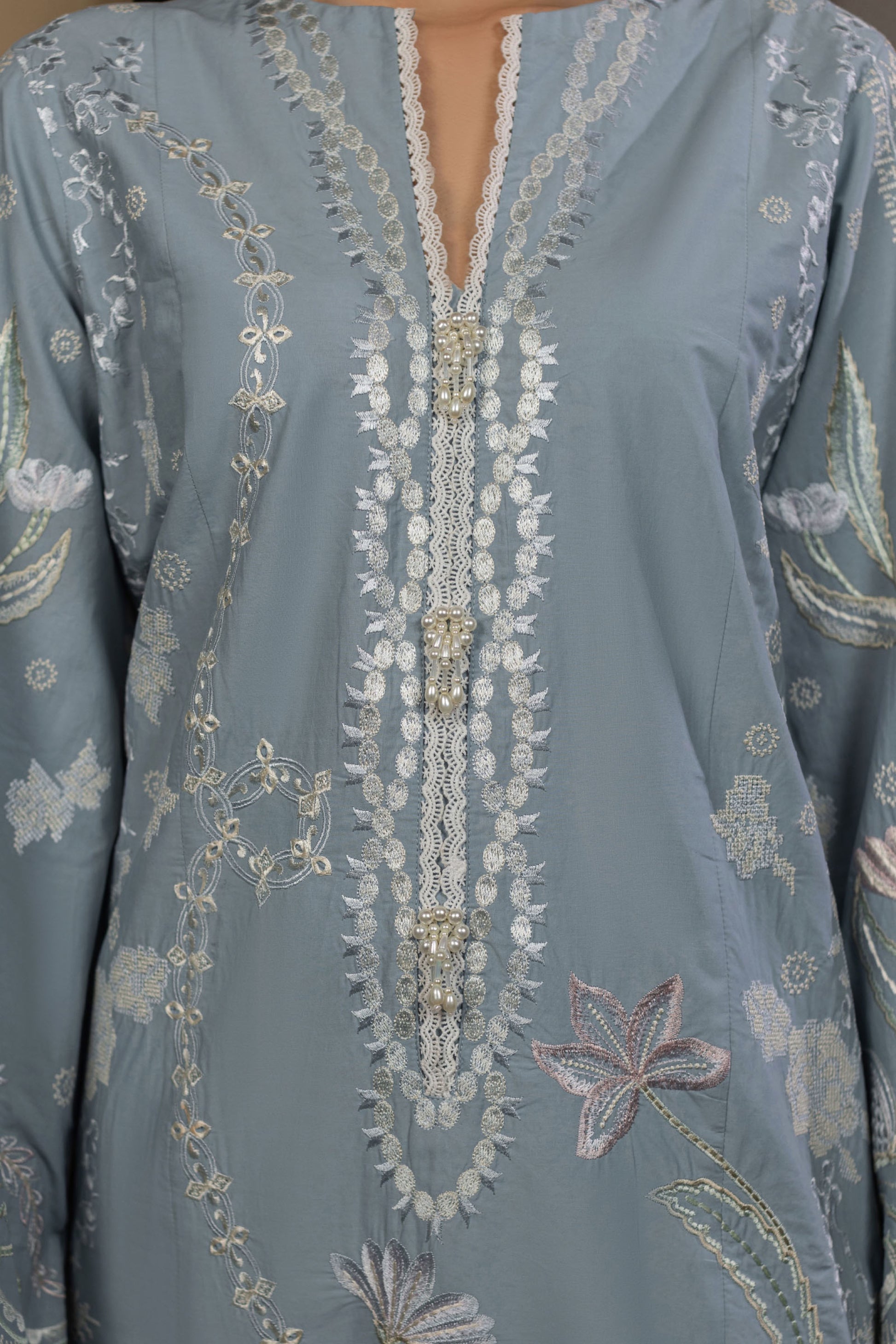 Ice Blue Embroidered Cambric Cotton Suit – view 5