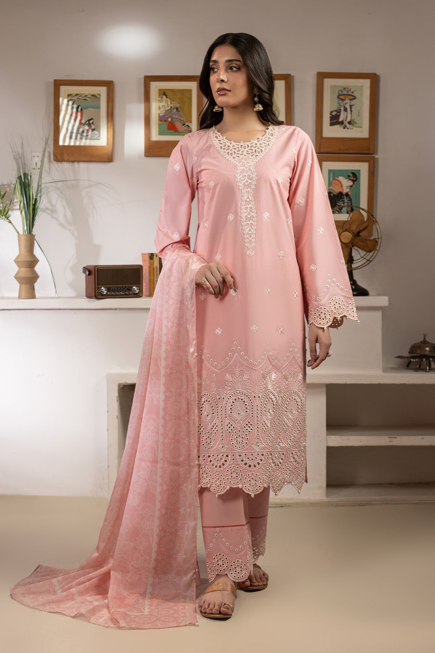 Peach Pink Embroidered Cambric Cotton Suit