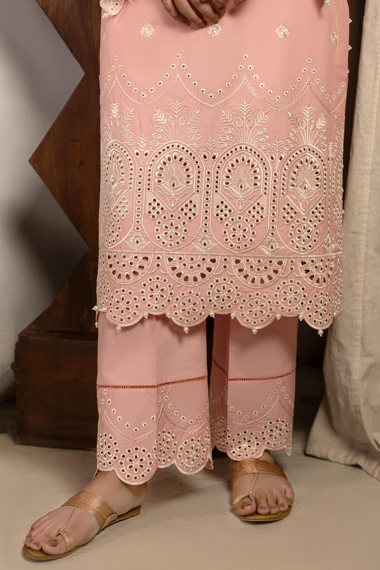 Peach Pink Embroidered Cambric Cotton Suit – view 3