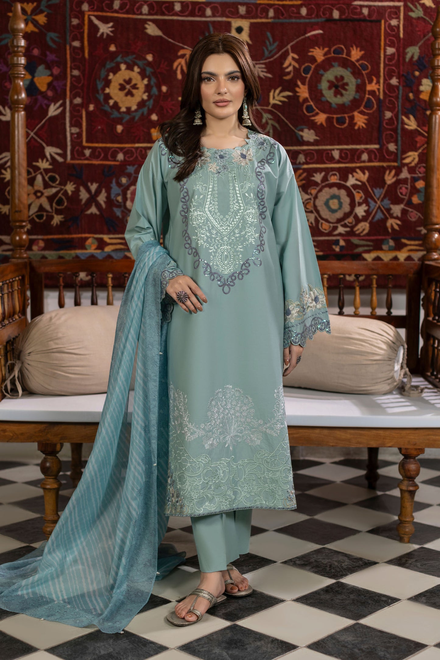 Aqua Embroidered Cambric Cotton Suit