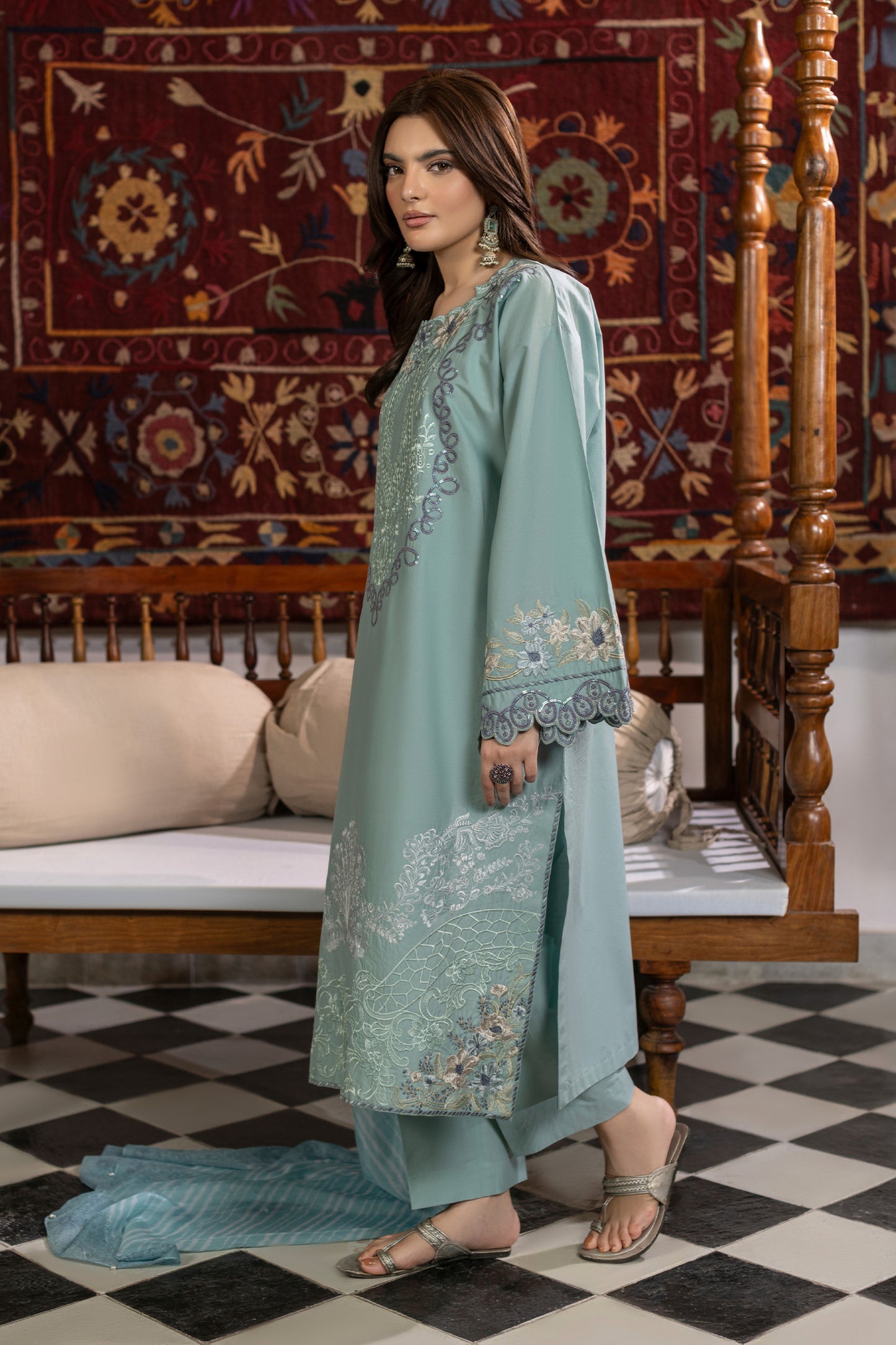 Aqua Embroidered Cambric Cotton Suit – view 2