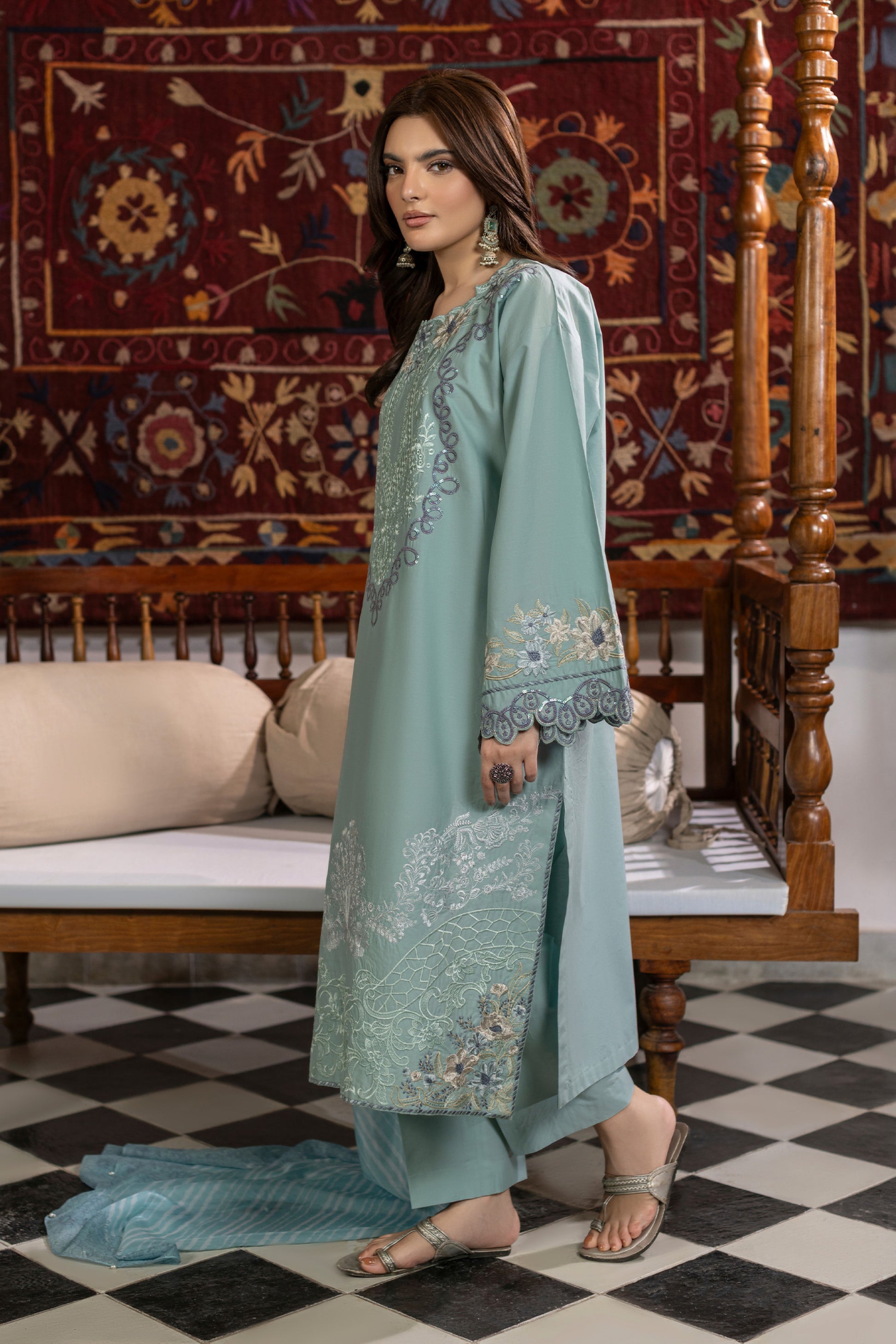 Aqua Embroidered Cambric Cotton Suit – view 2