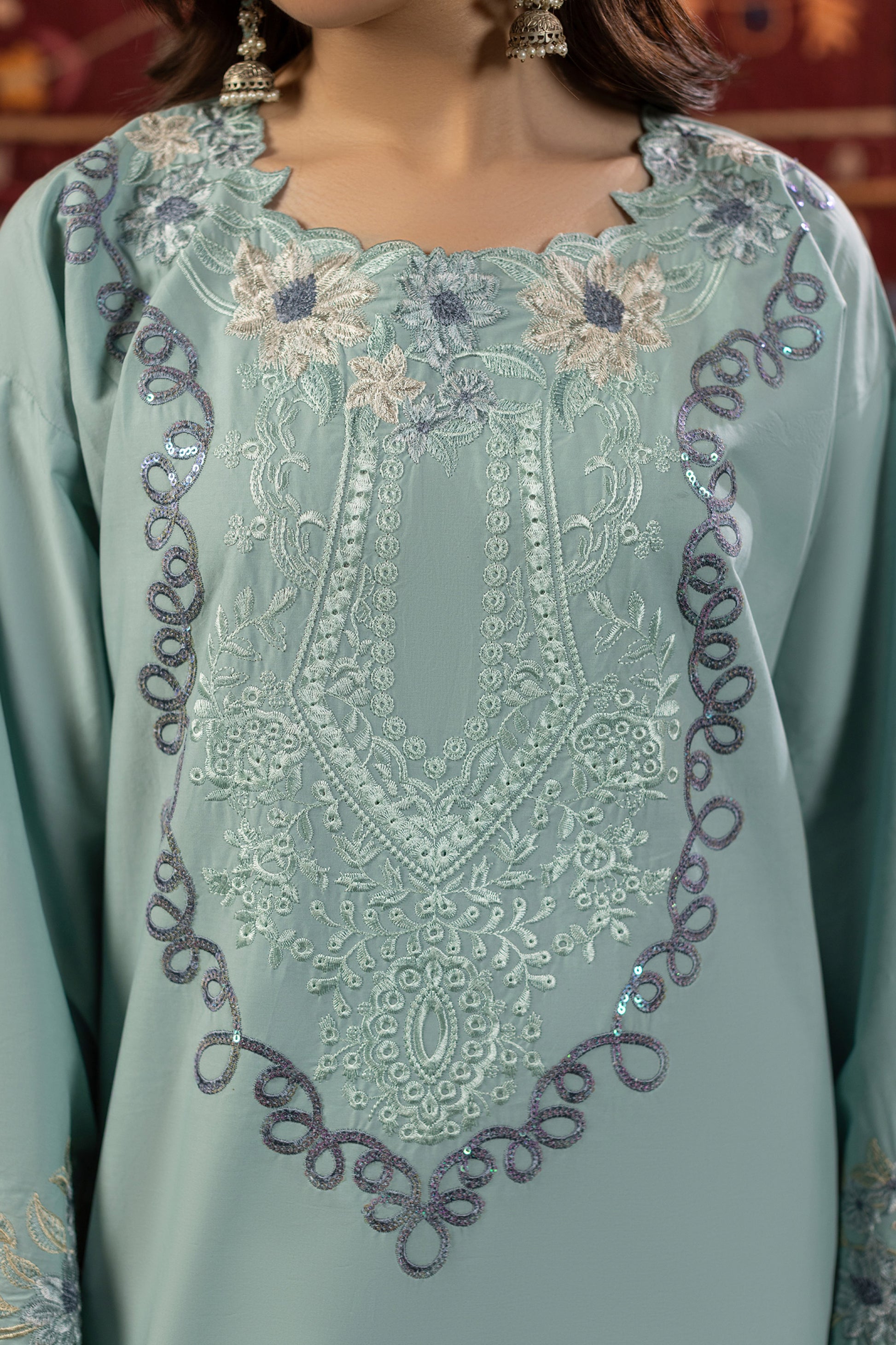 Aqua Embroidered Cambric Cotton Suit – view 3