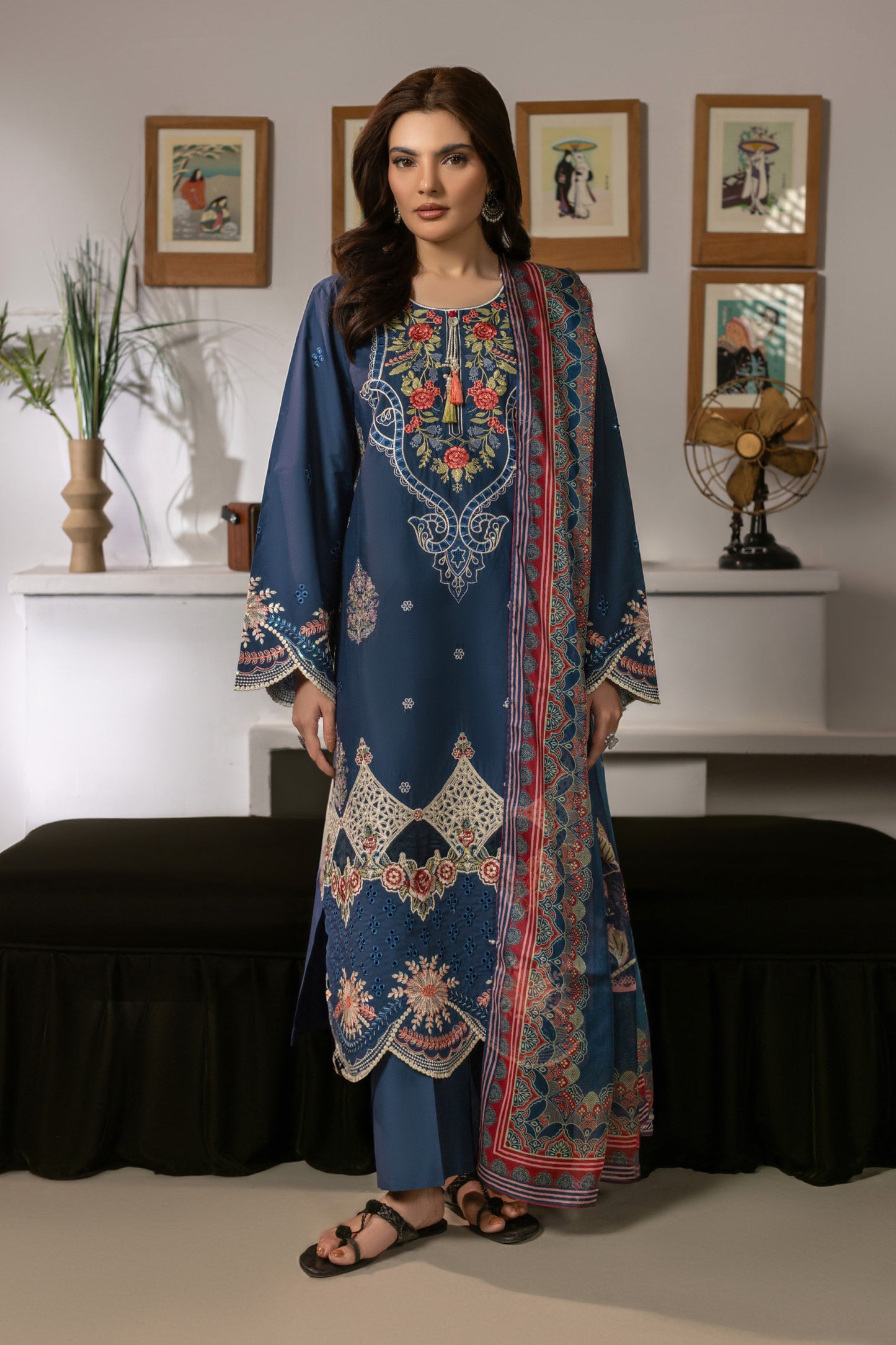 Deep Blue Embroidered Cambric Cotton Suit