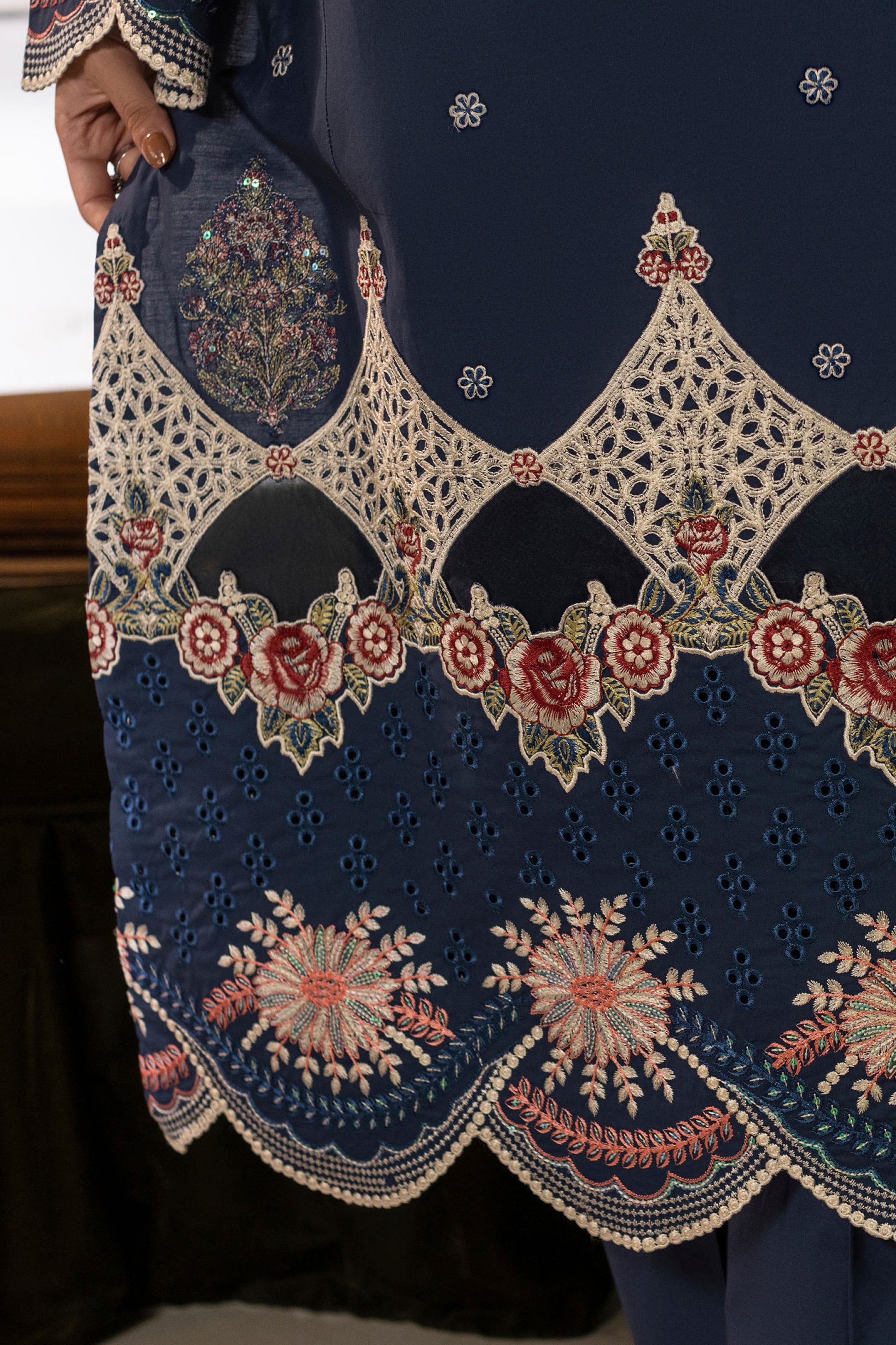 Deep Blue Embroidered Cambric Cotton Suit – view 1