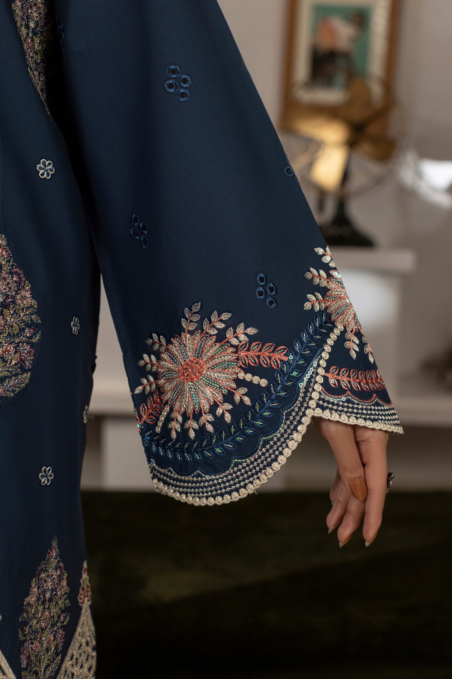 Deep Blue Embroidered Cambric Cotton Suit – view 2