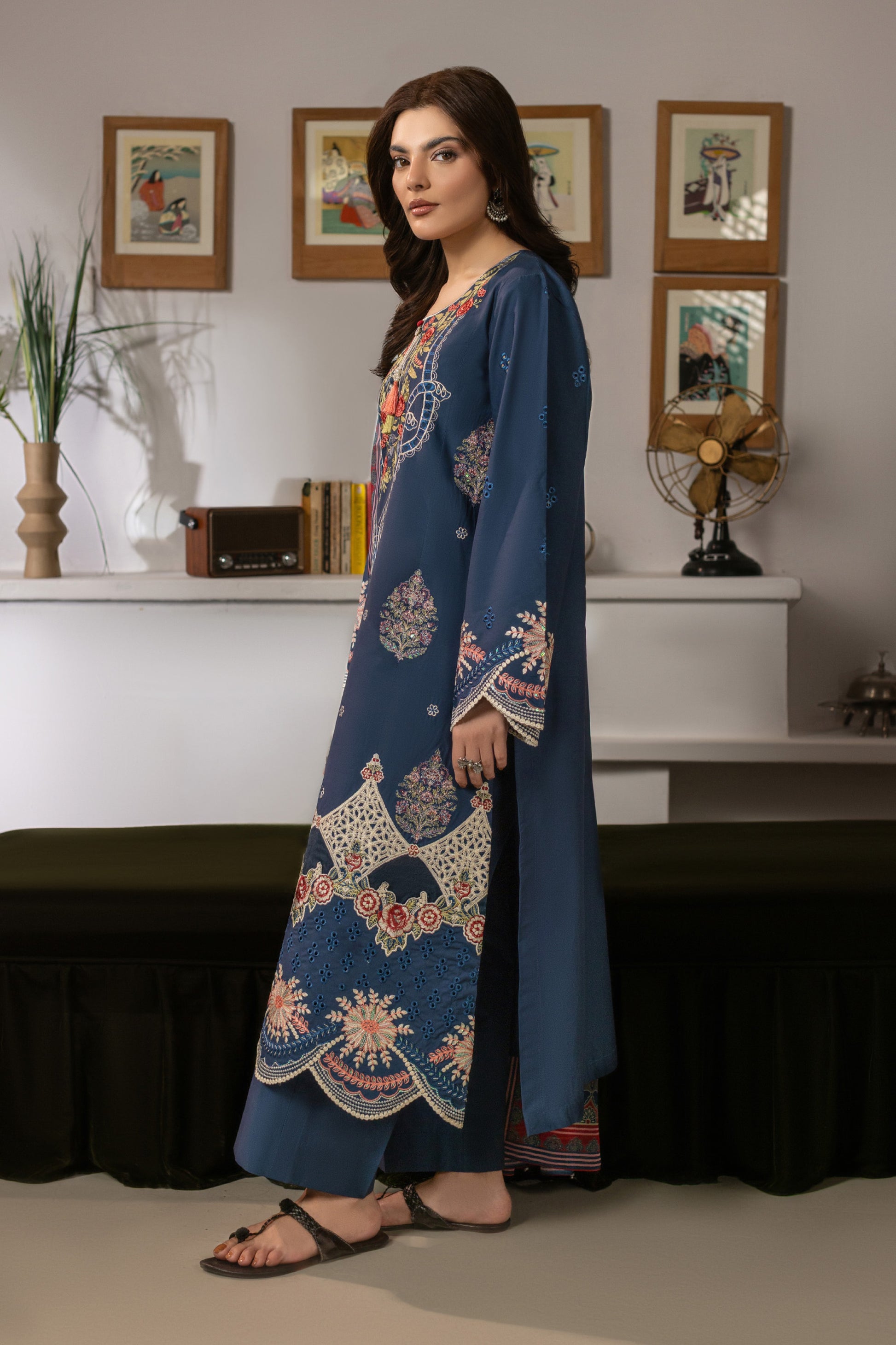 Deep Blue Embroidered Cambric Cotton Suit – view 4
