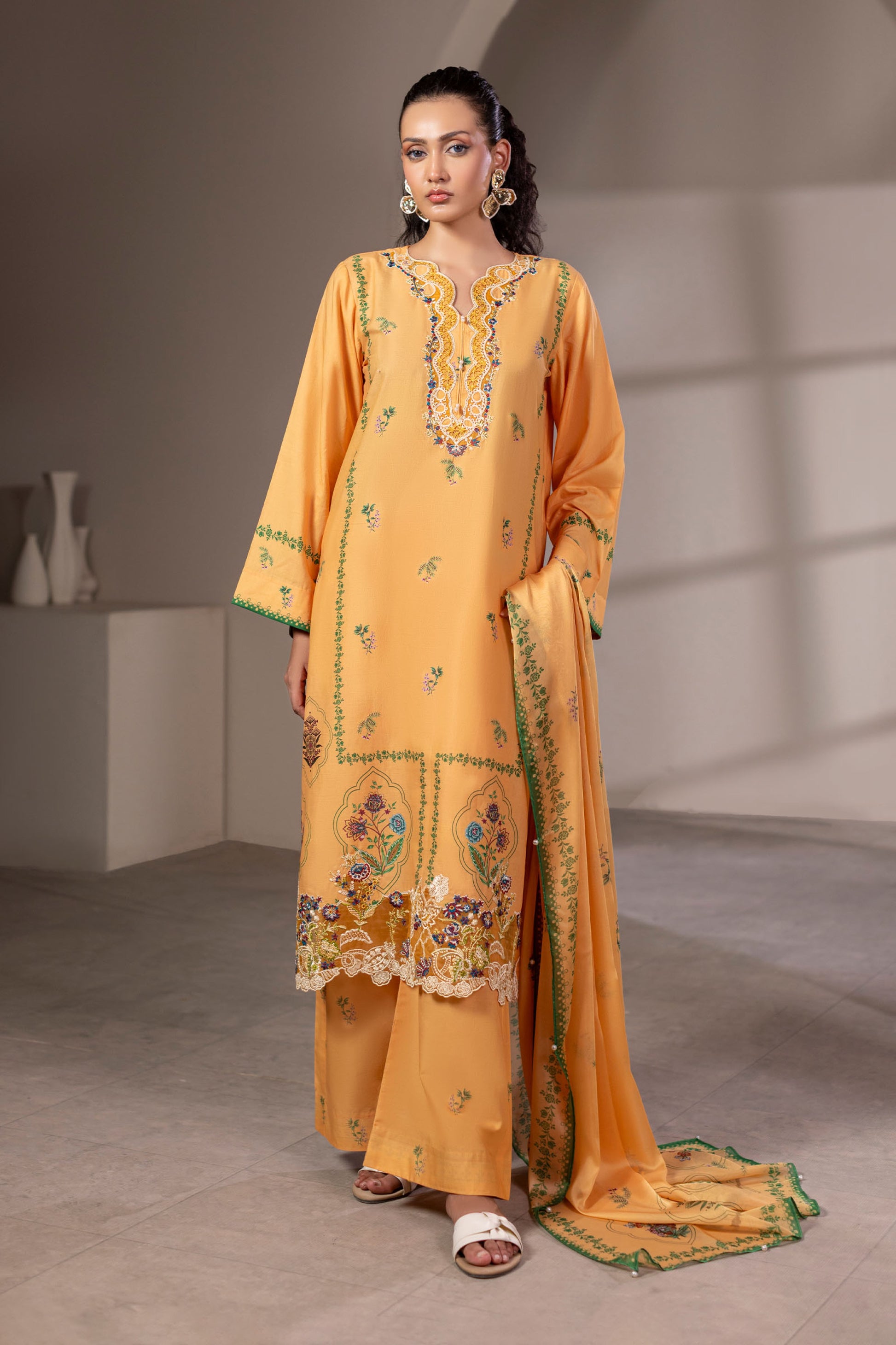 Honey Gold Embroidered Cotton Suit