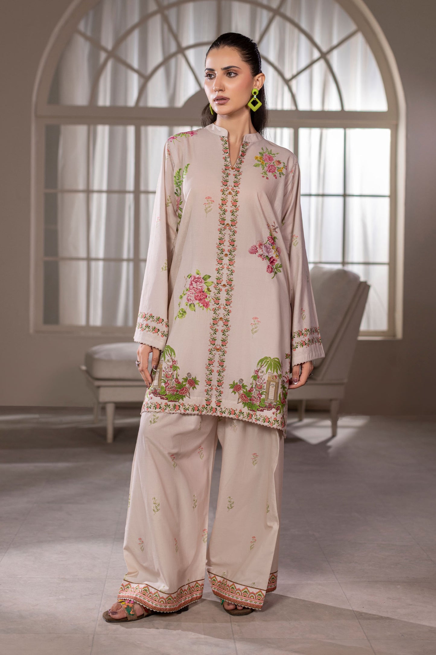 Cream White Printed Cotton Suit
