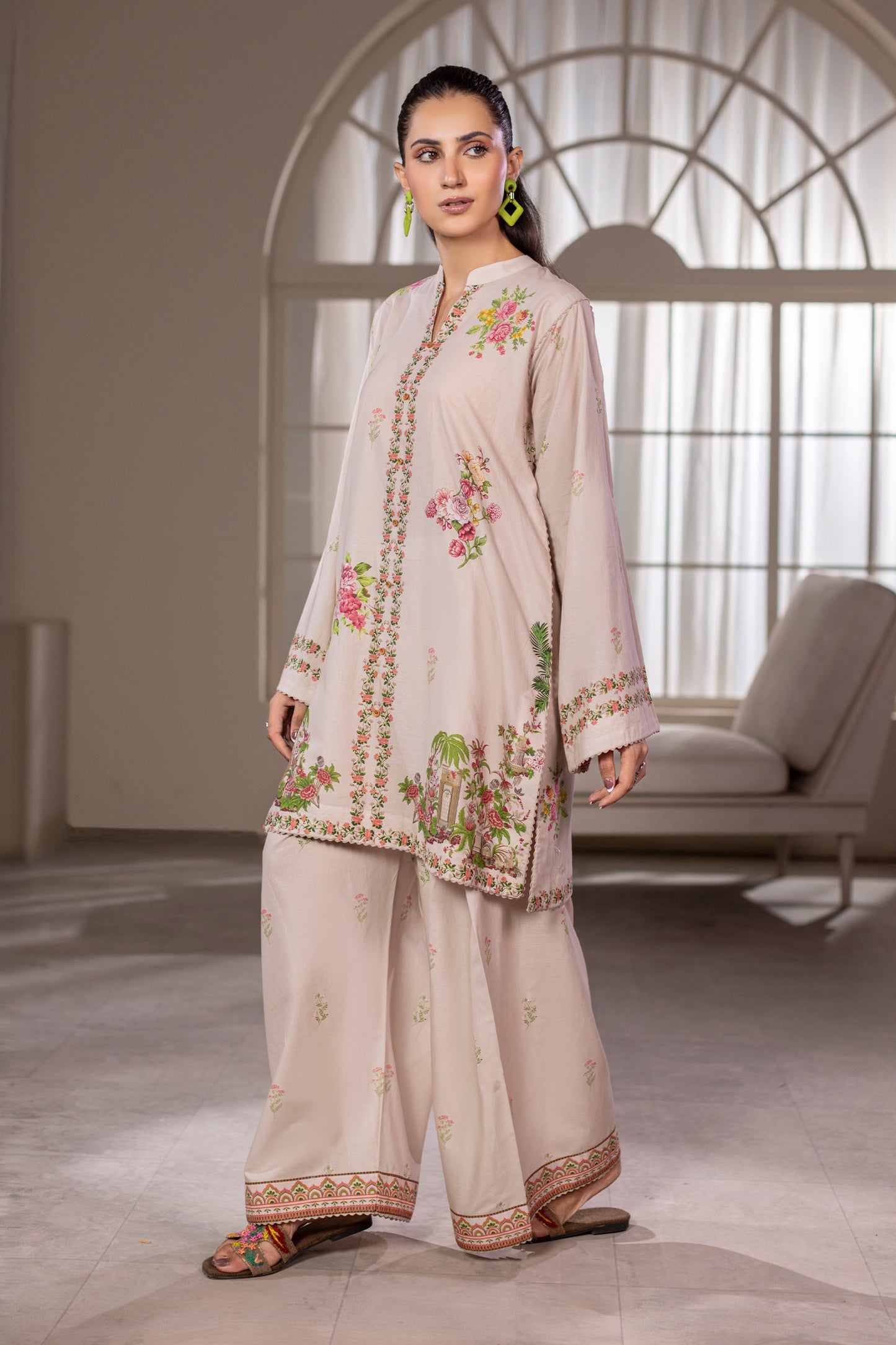 Cream White Printed Cotton Suit – view 1