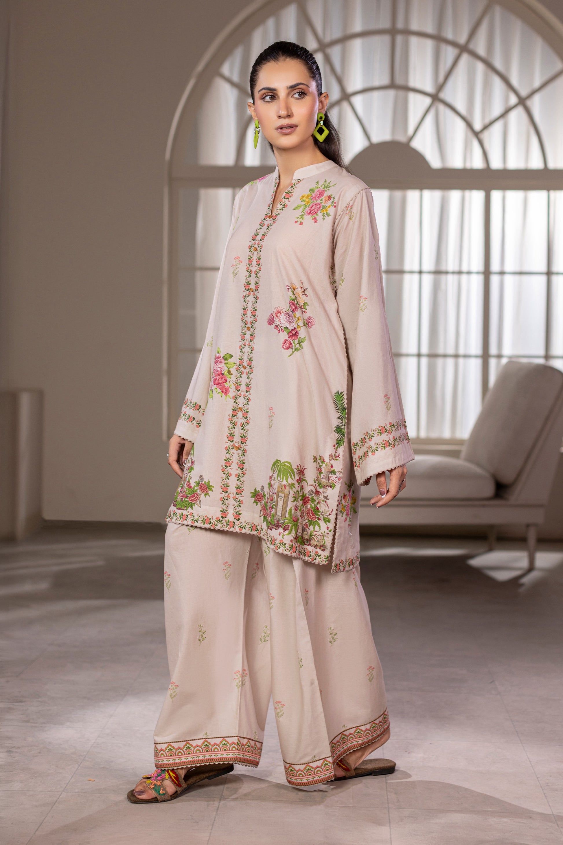 Cream White Printed Cotton Suit – view 1
