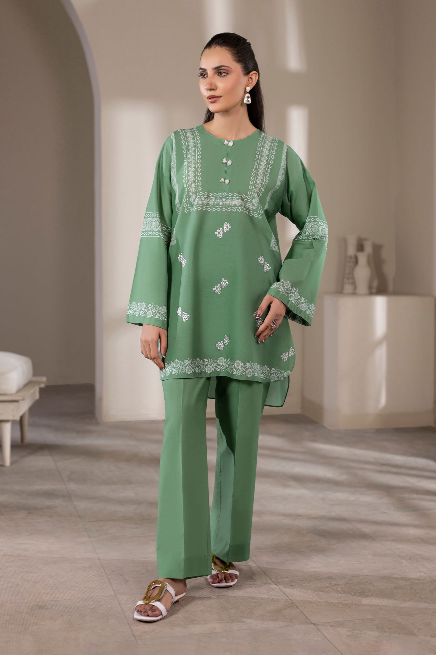 Matcha Green Embroidered Cotton Suit