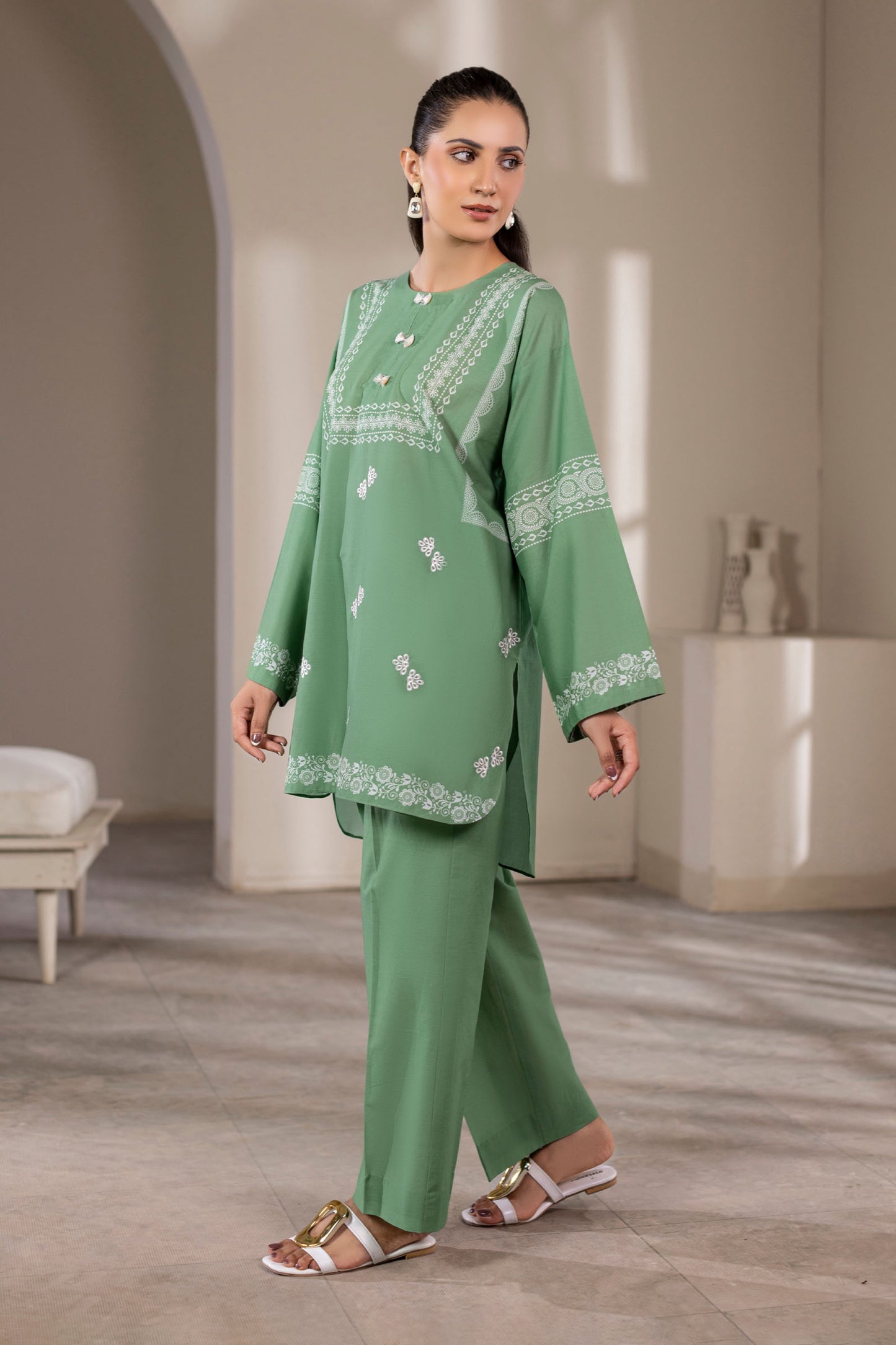 Matcha Green Embroidered Cotton Suit – view 1