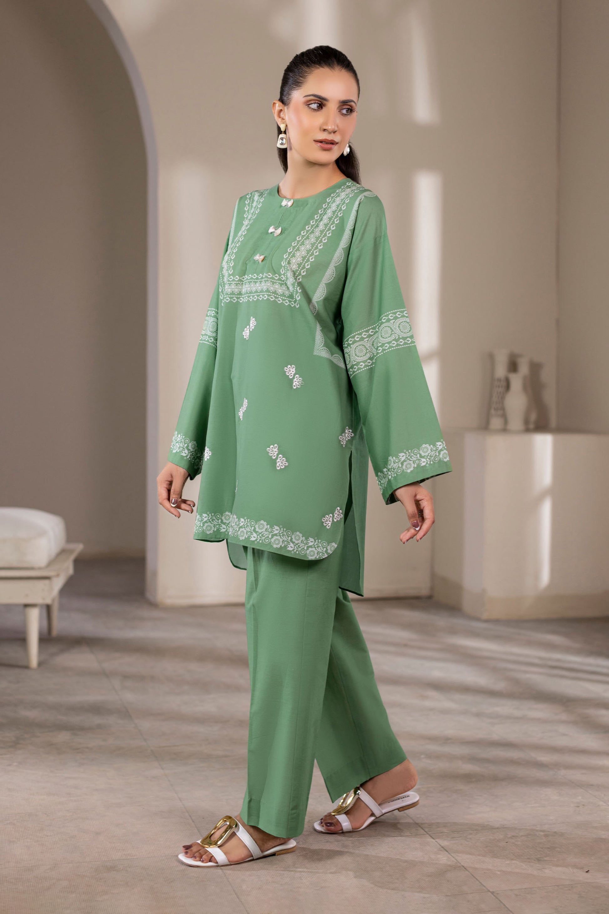 Matcha Green Embroidered Cotton Suit – view 1
