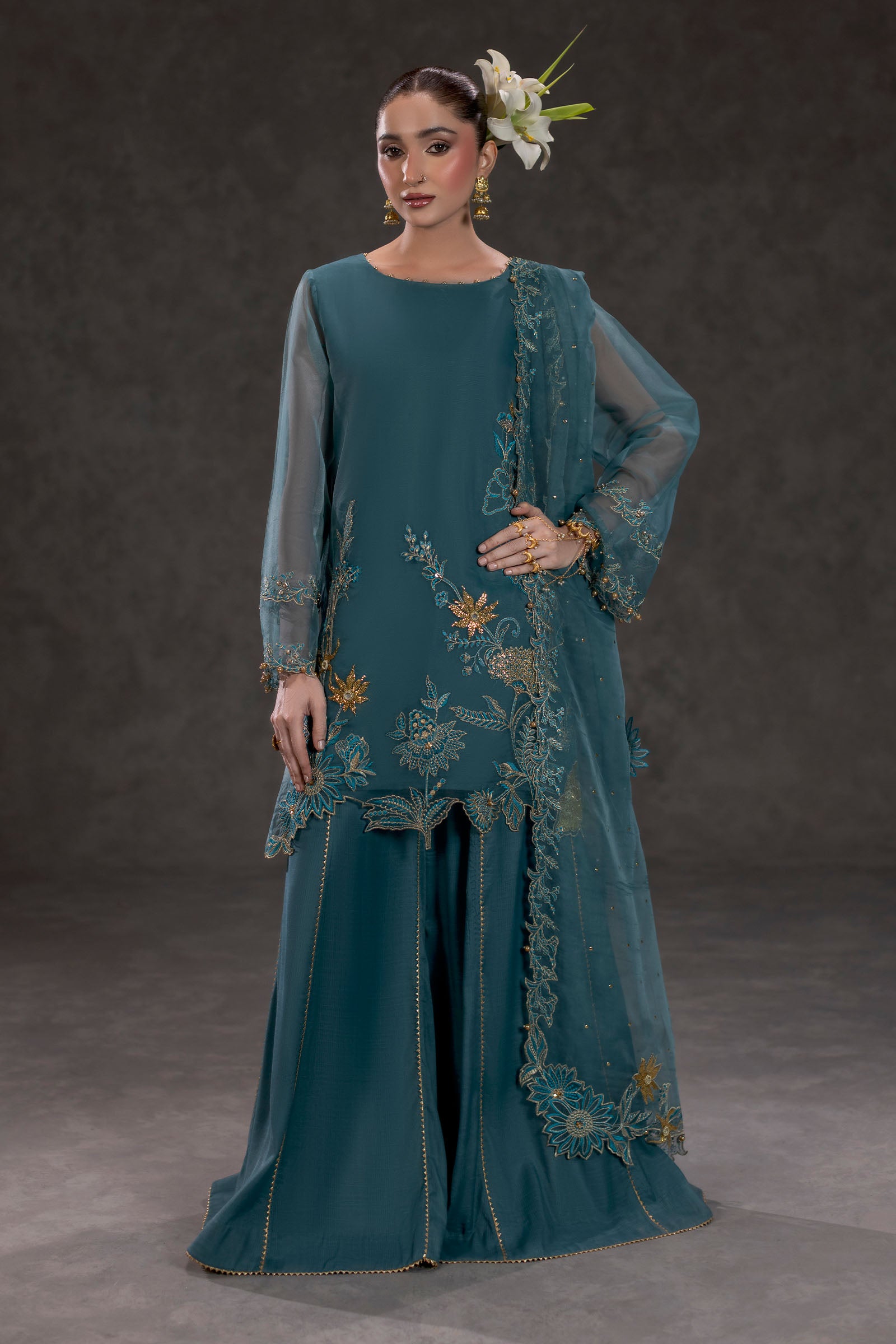 Sea Green Embroidered Organza Suit