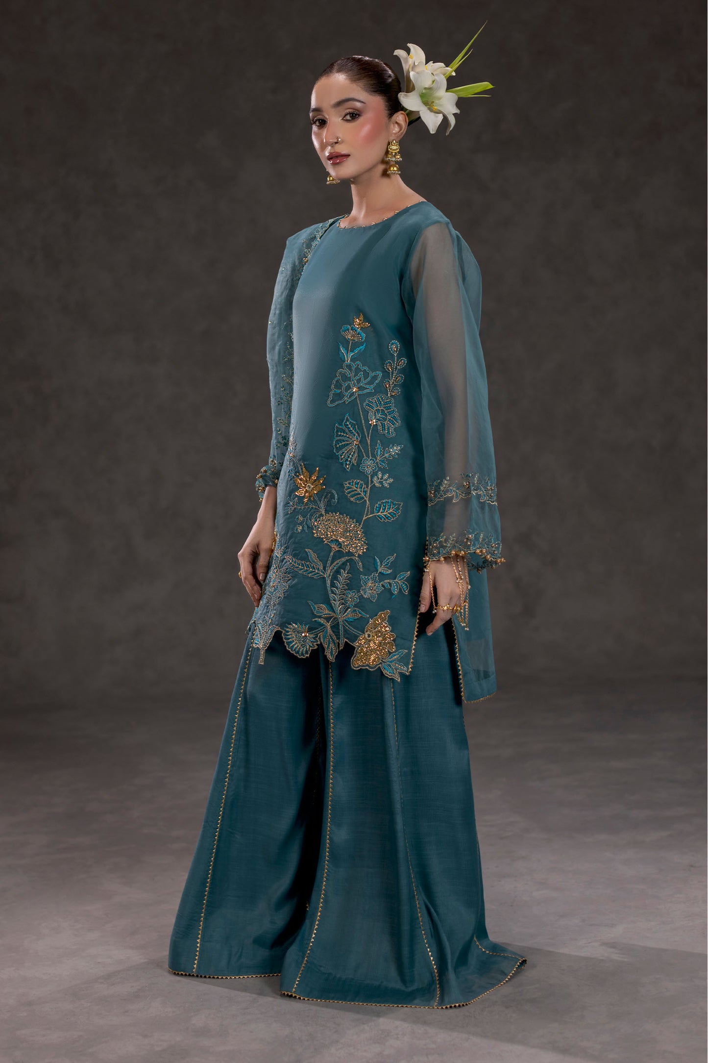 Sea Green Embroidered Organza Suit – view 1