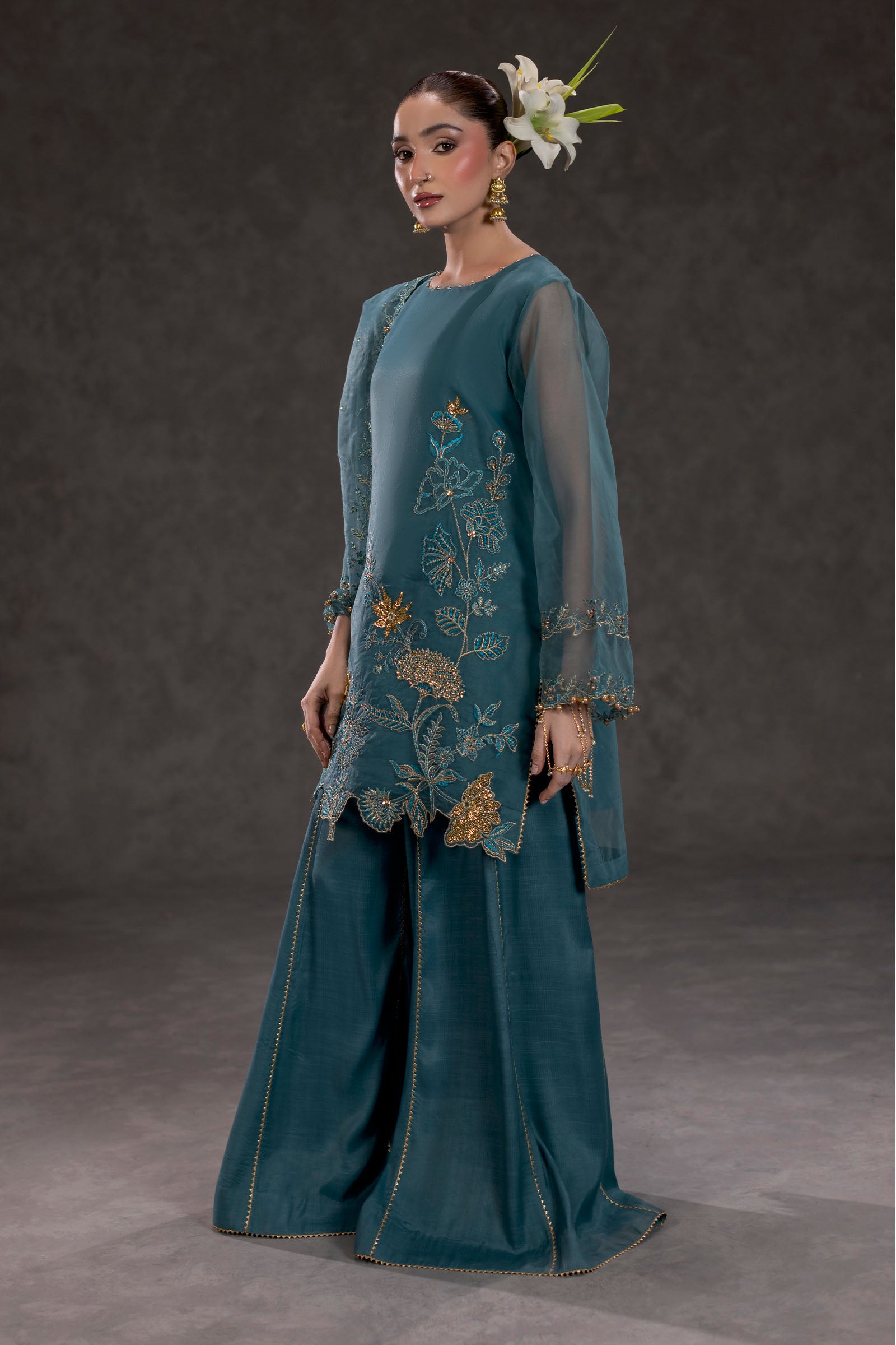 Sea Green Embroidered Organza Suit – view 1