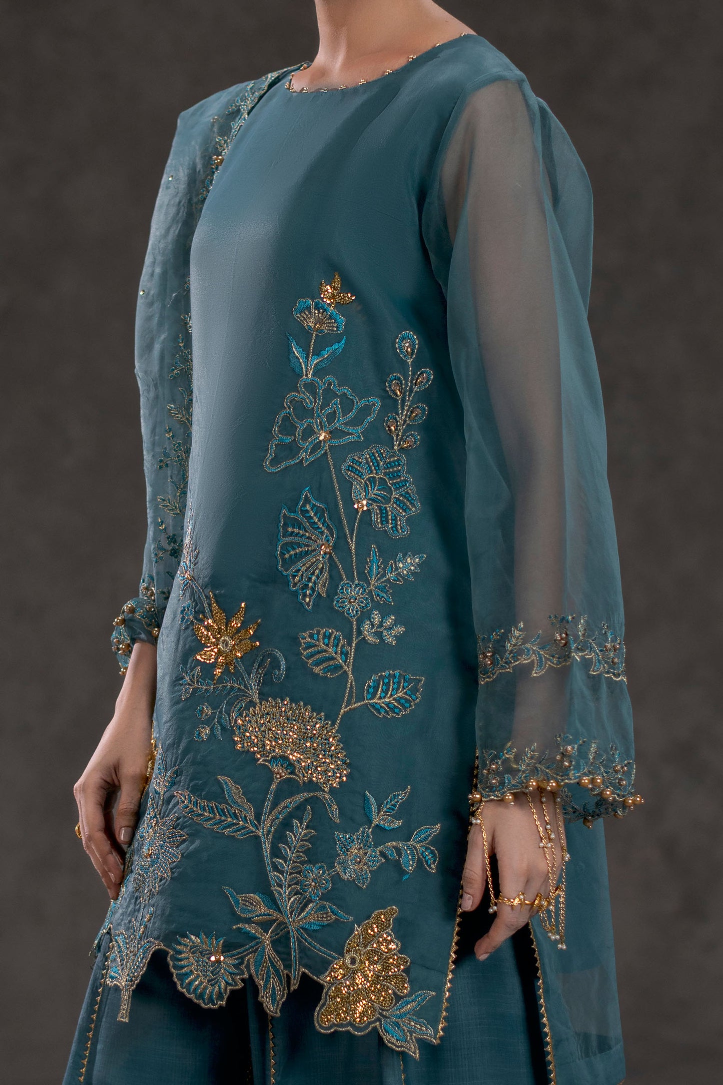 Sea Green Embroidered Organza Suit – view 4
