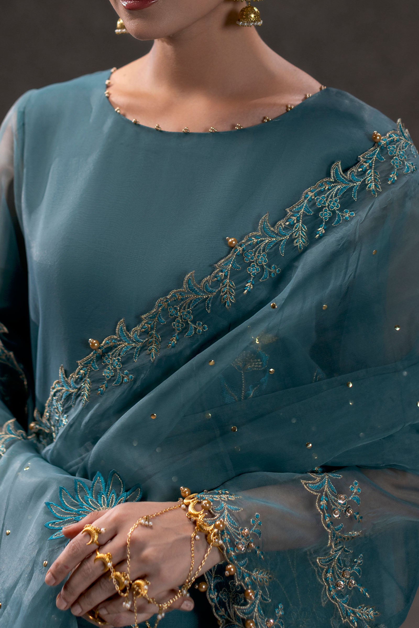 Sea Green Embroidered Organza Suit – view 5