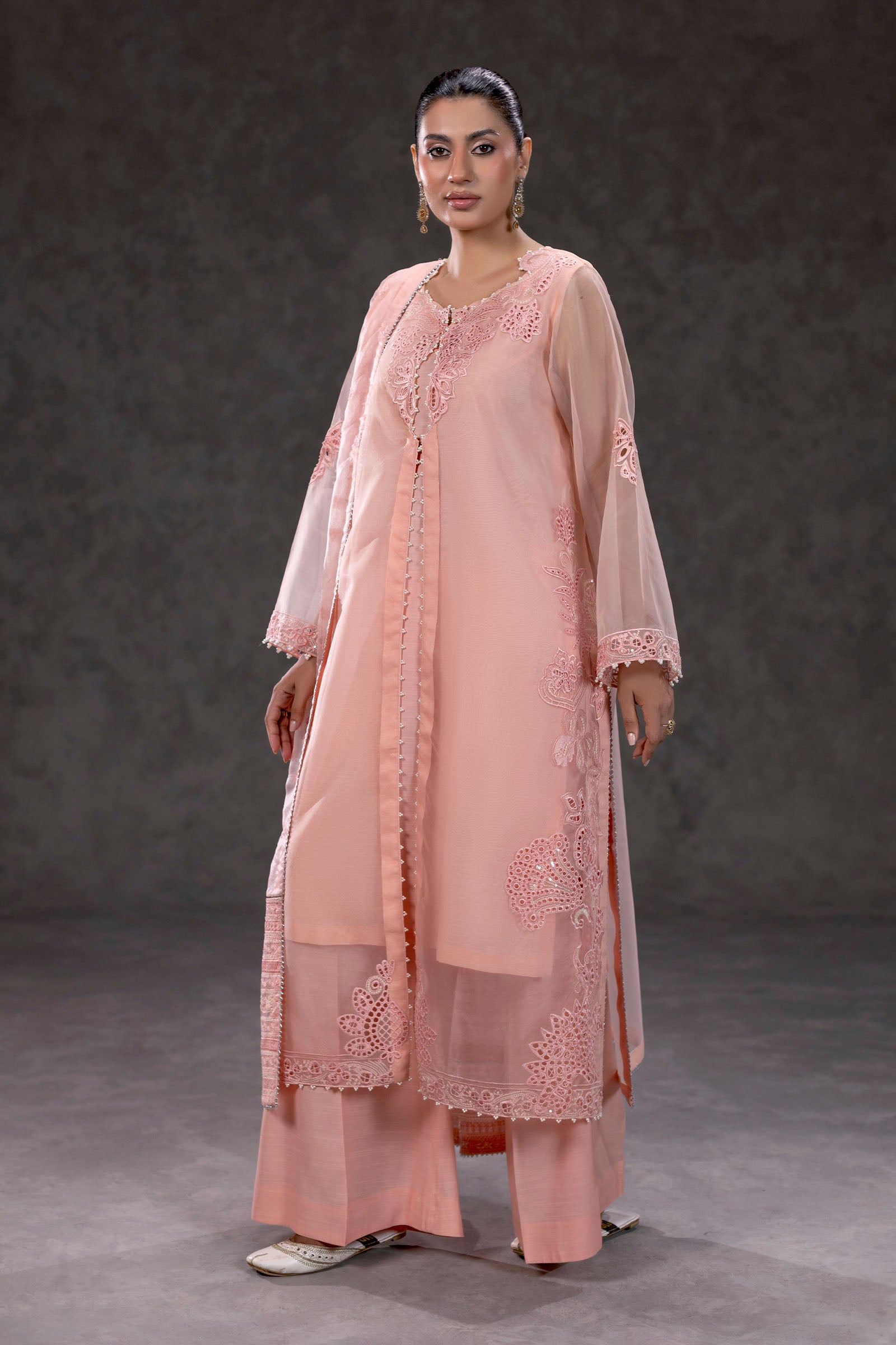 Peach Embroidered Organza Suit – view 1