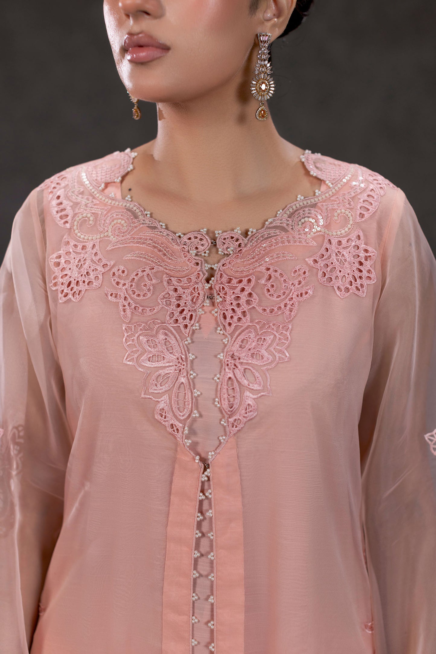 Peach Embroidered Organza Suit – view 4