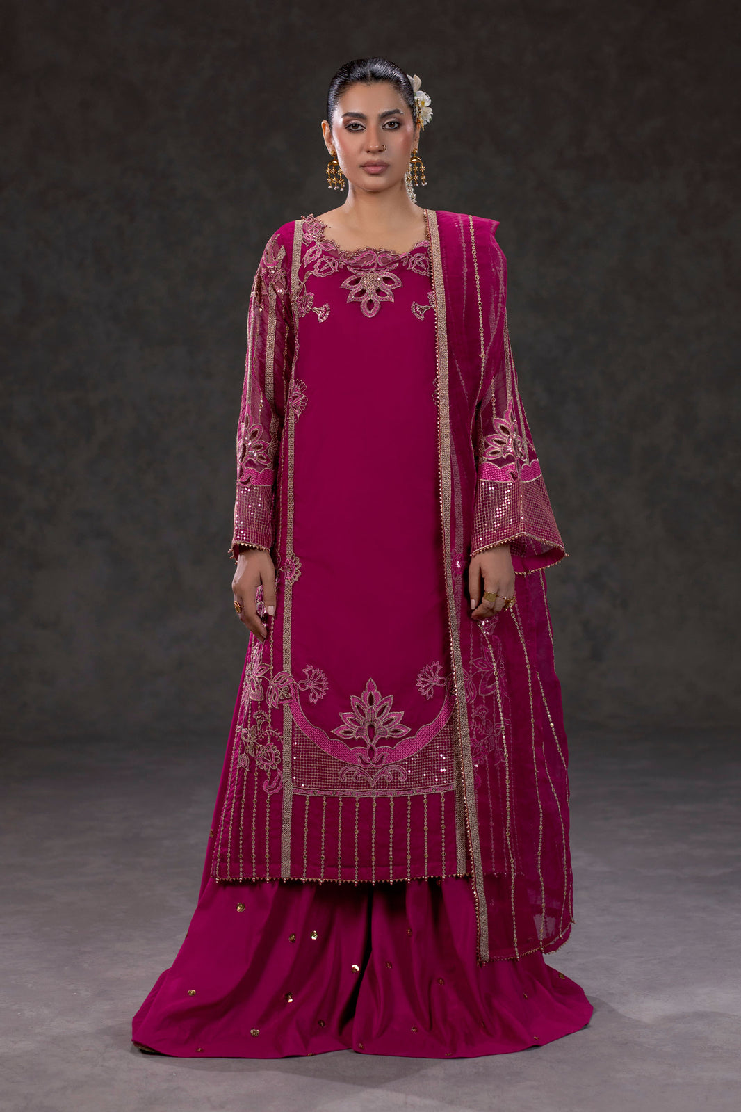 Fuchsia Embroidered Organza Suit