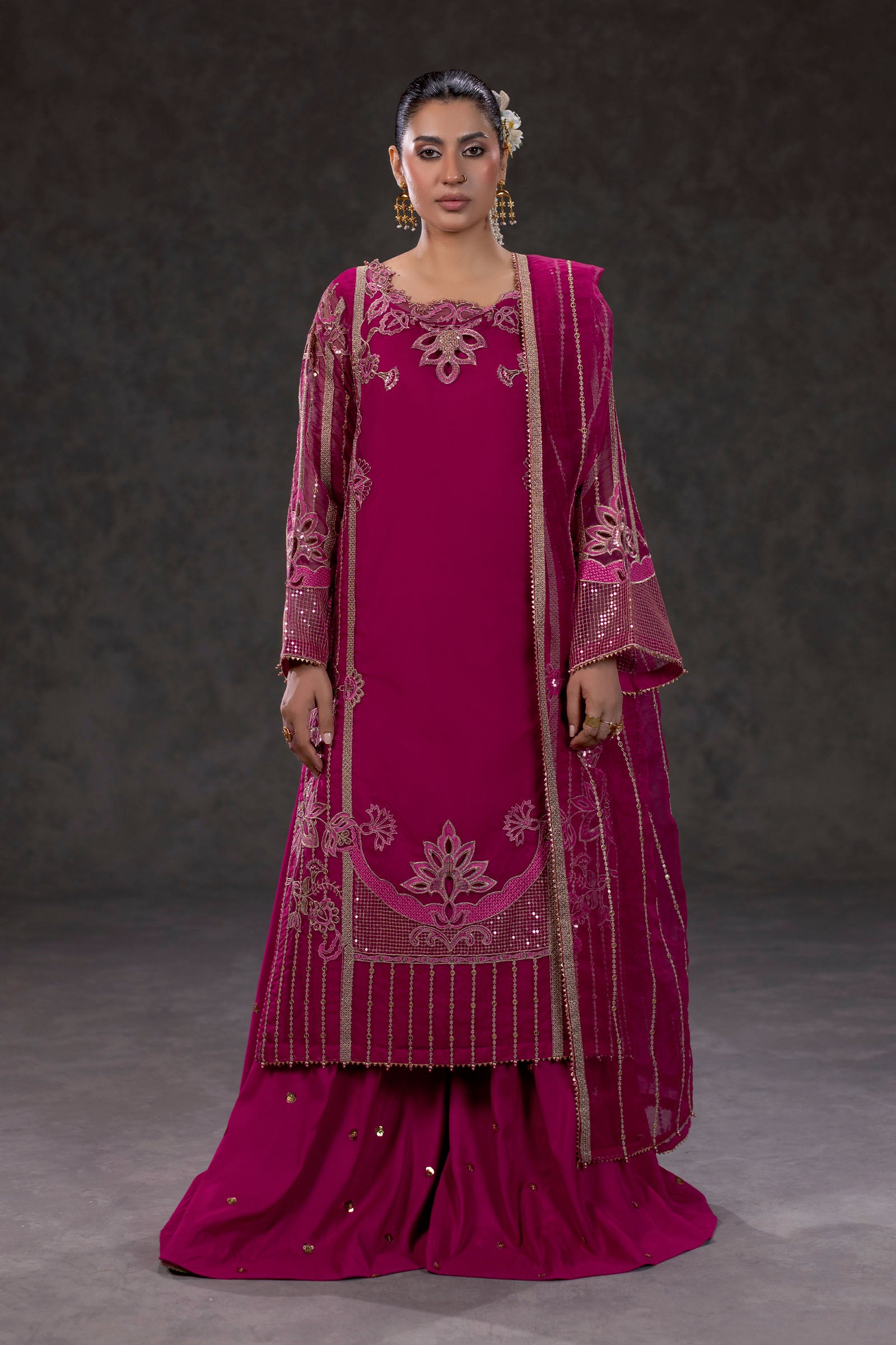 Fuchsia Embroidered Organza Suit