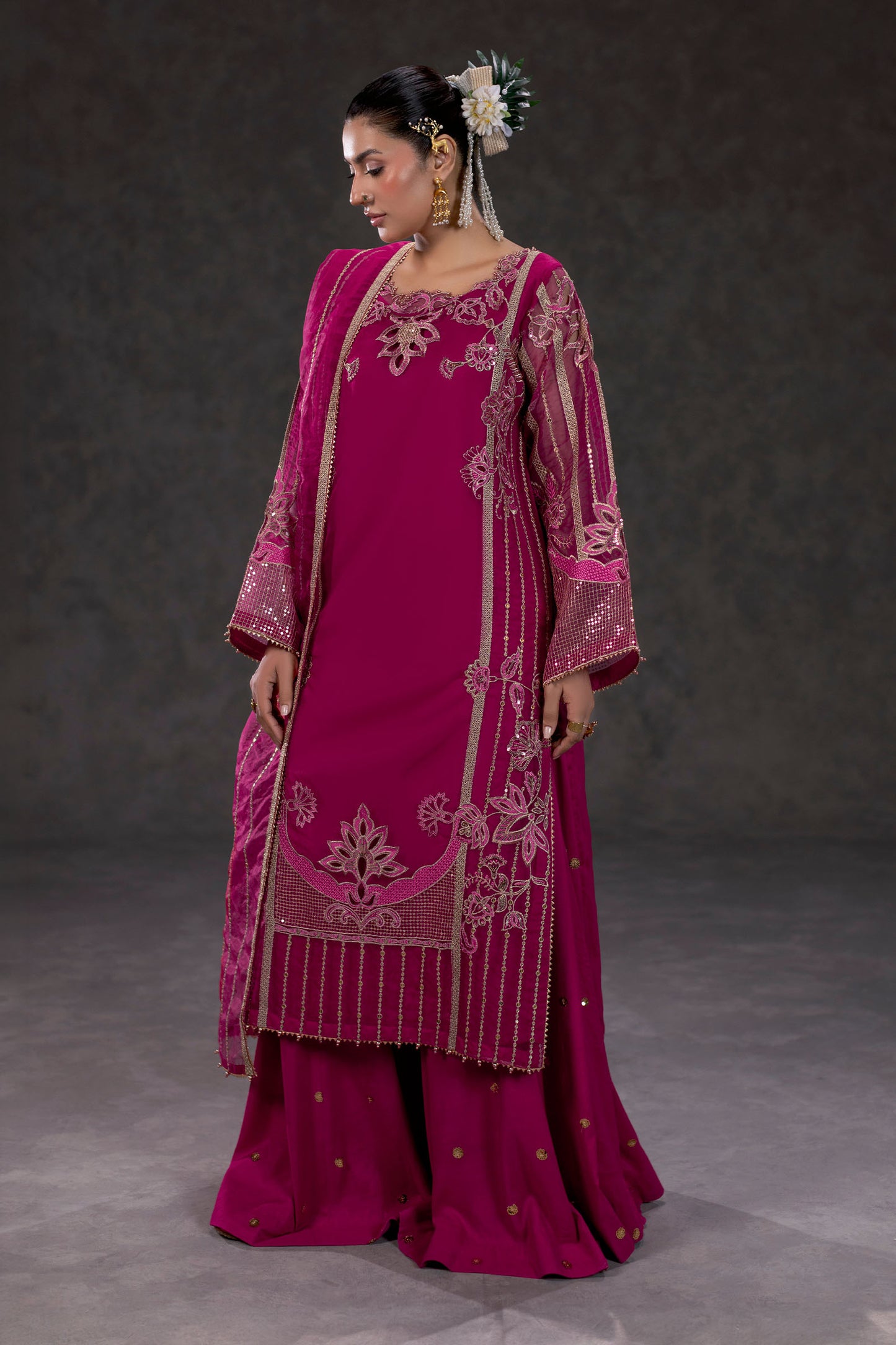 Fuchsia Embroidered Organza Suit – view 1