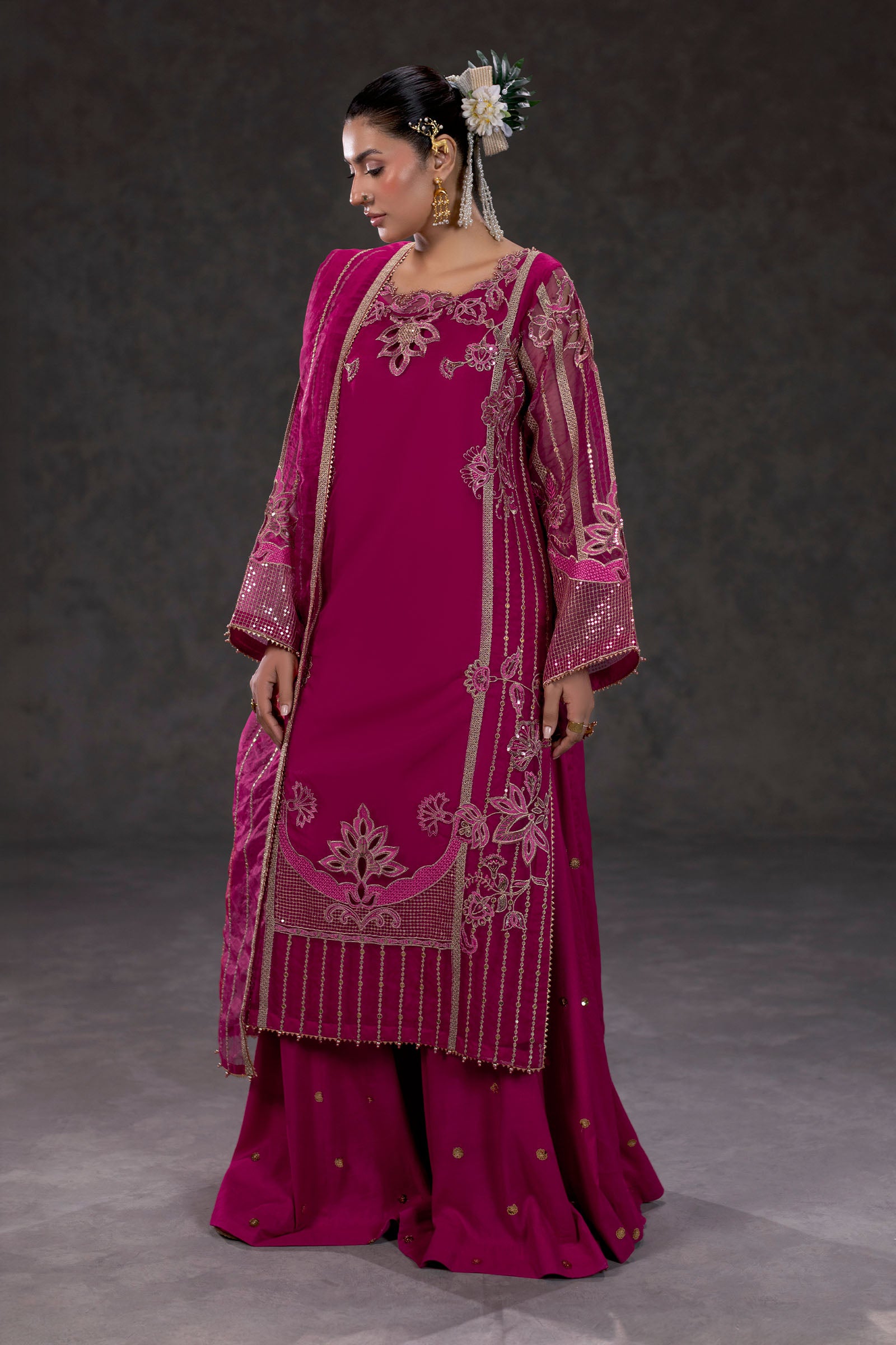 Fuchsia Embroidered Organza Suit – view 1