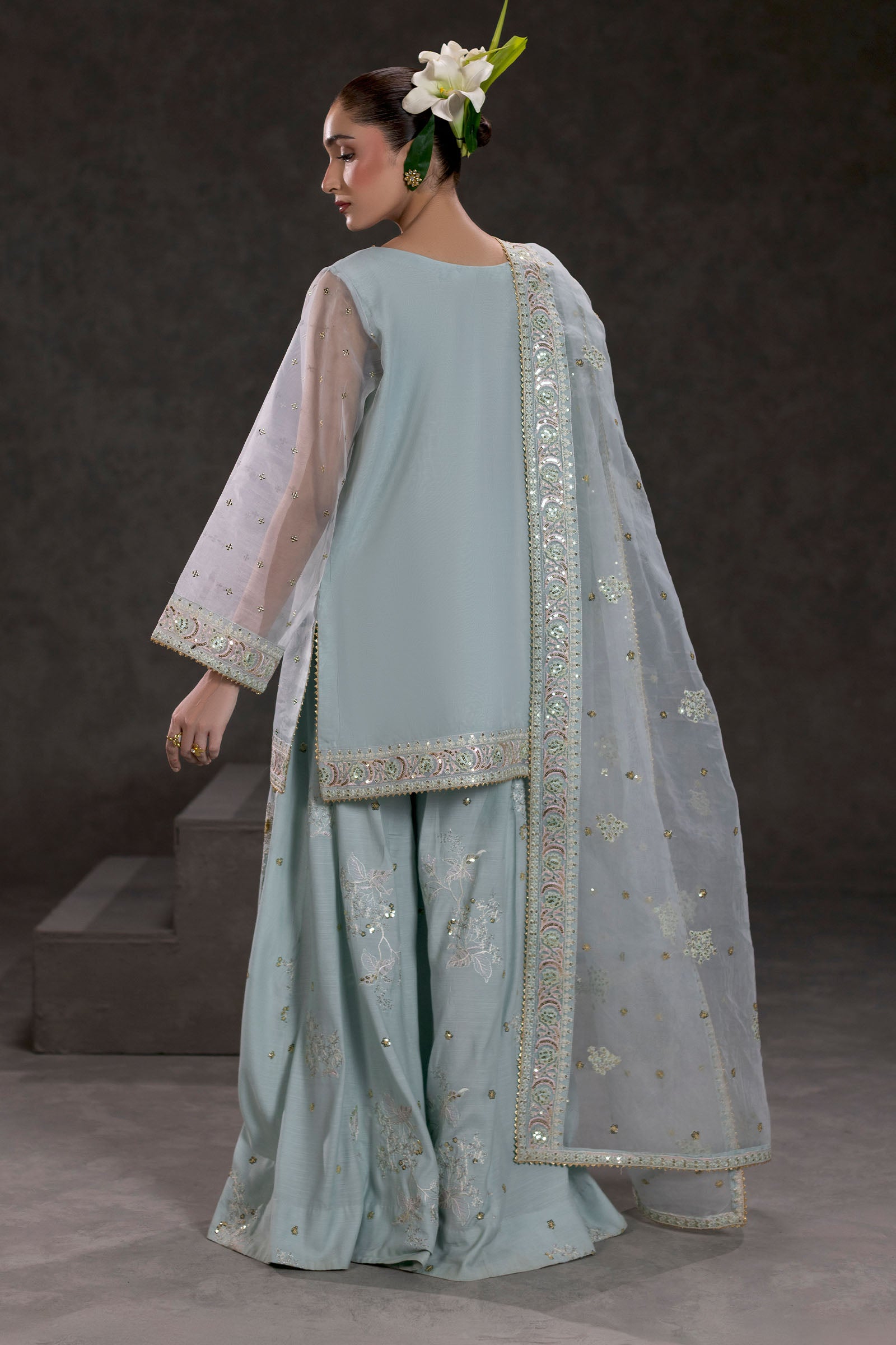 Ice Blue Embroidered Organza Suit – view 2