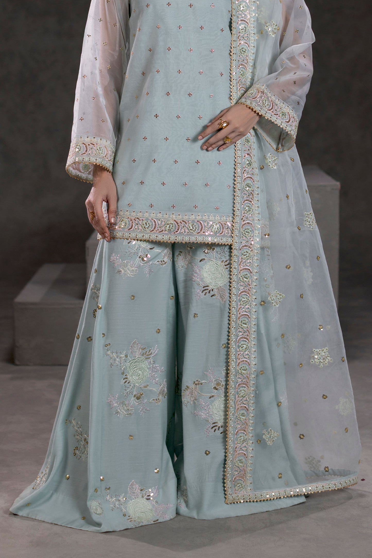Ice Blue Embroidered Organza Suit – view 3