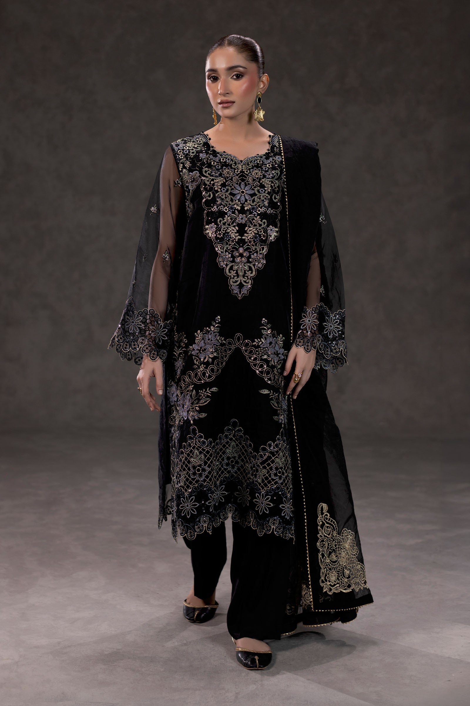 Black Embroidered Organza Suit