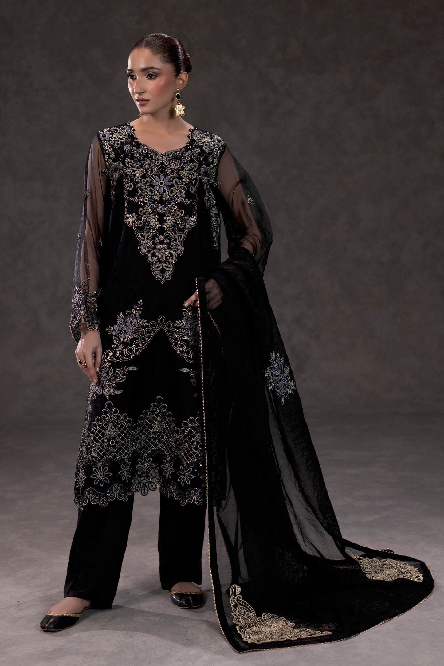 Black Embroidered Organza Suit – view 1