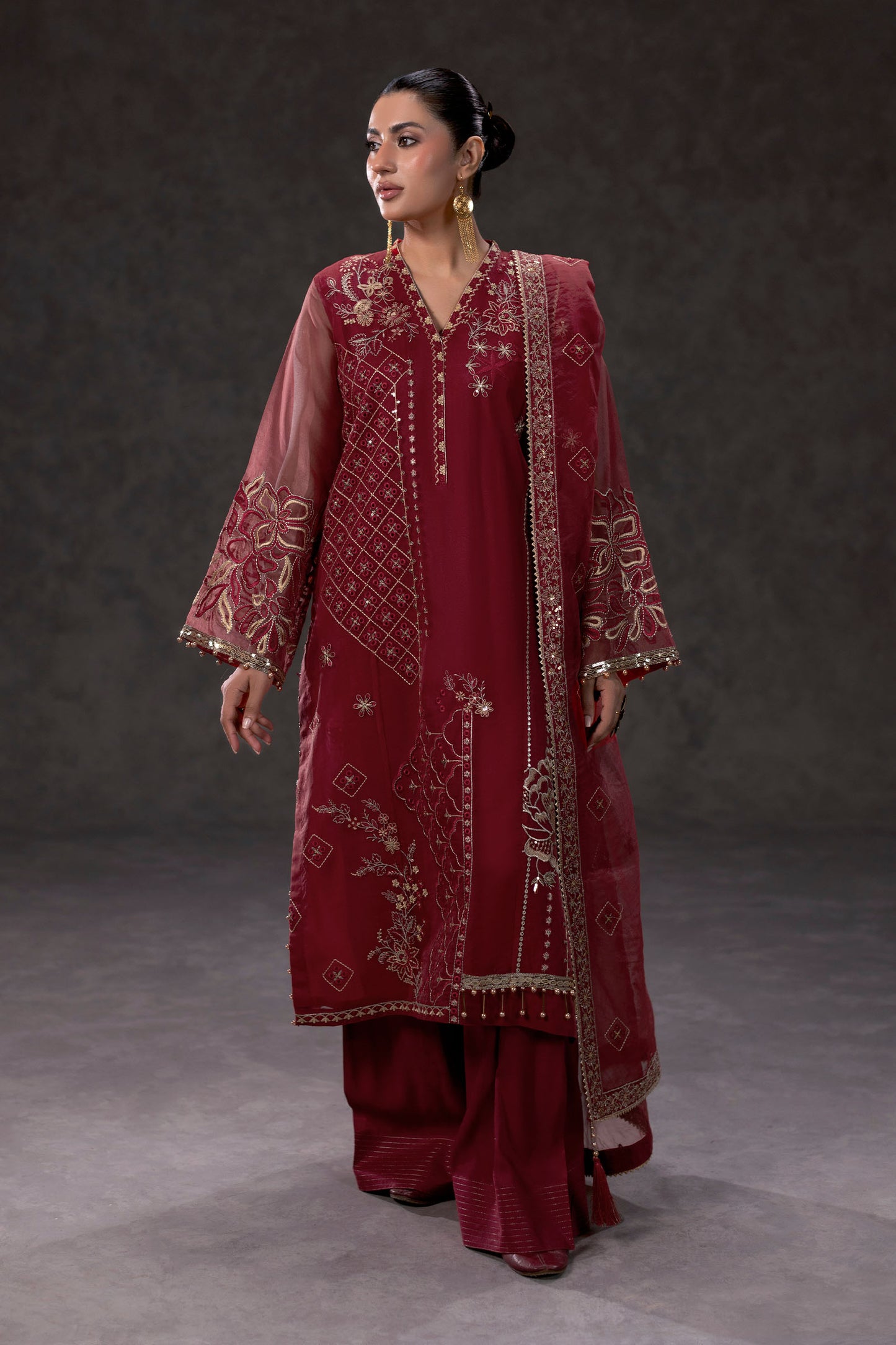 Red Embroidered Organza Suit