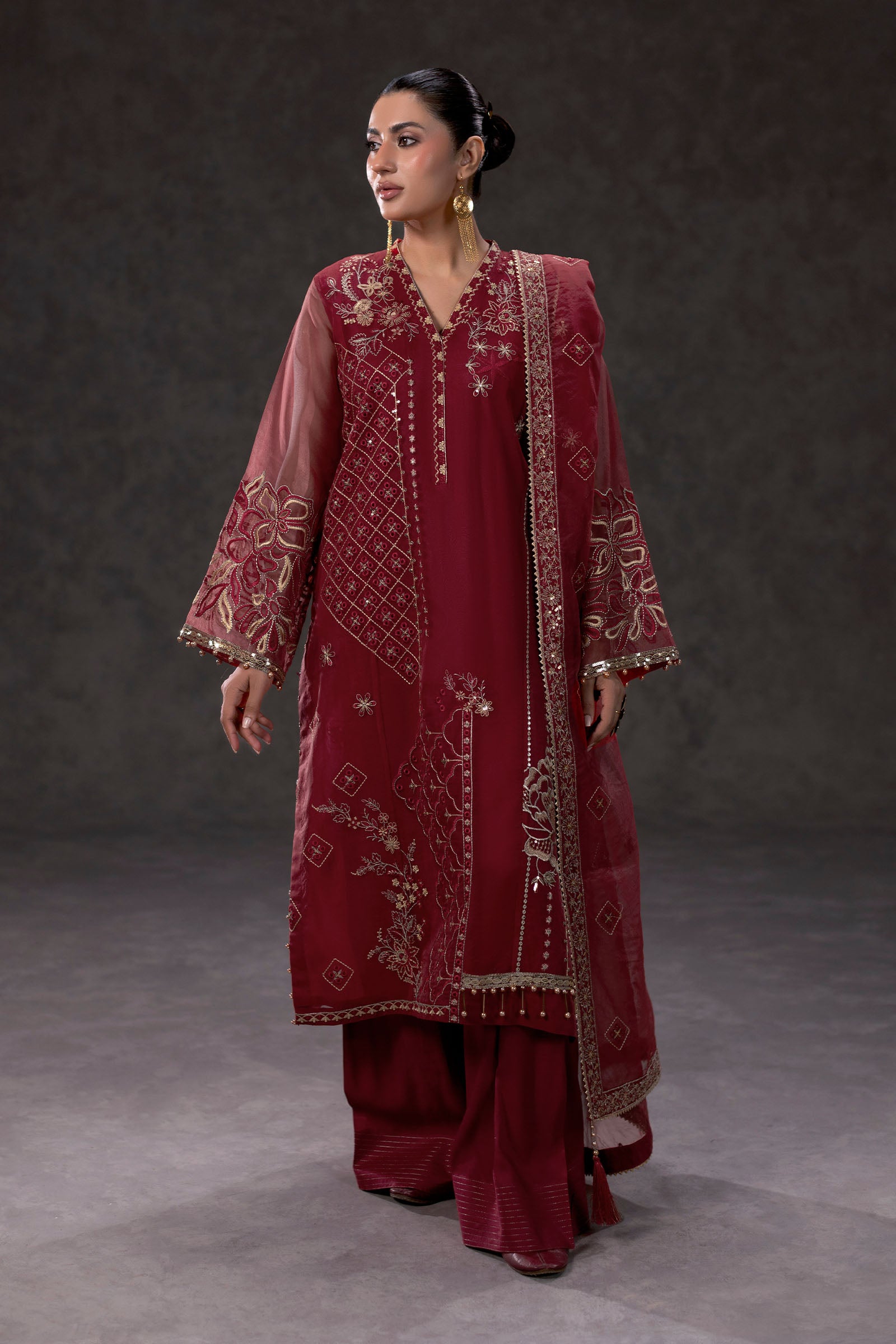 Red Embroidered Organza Suit