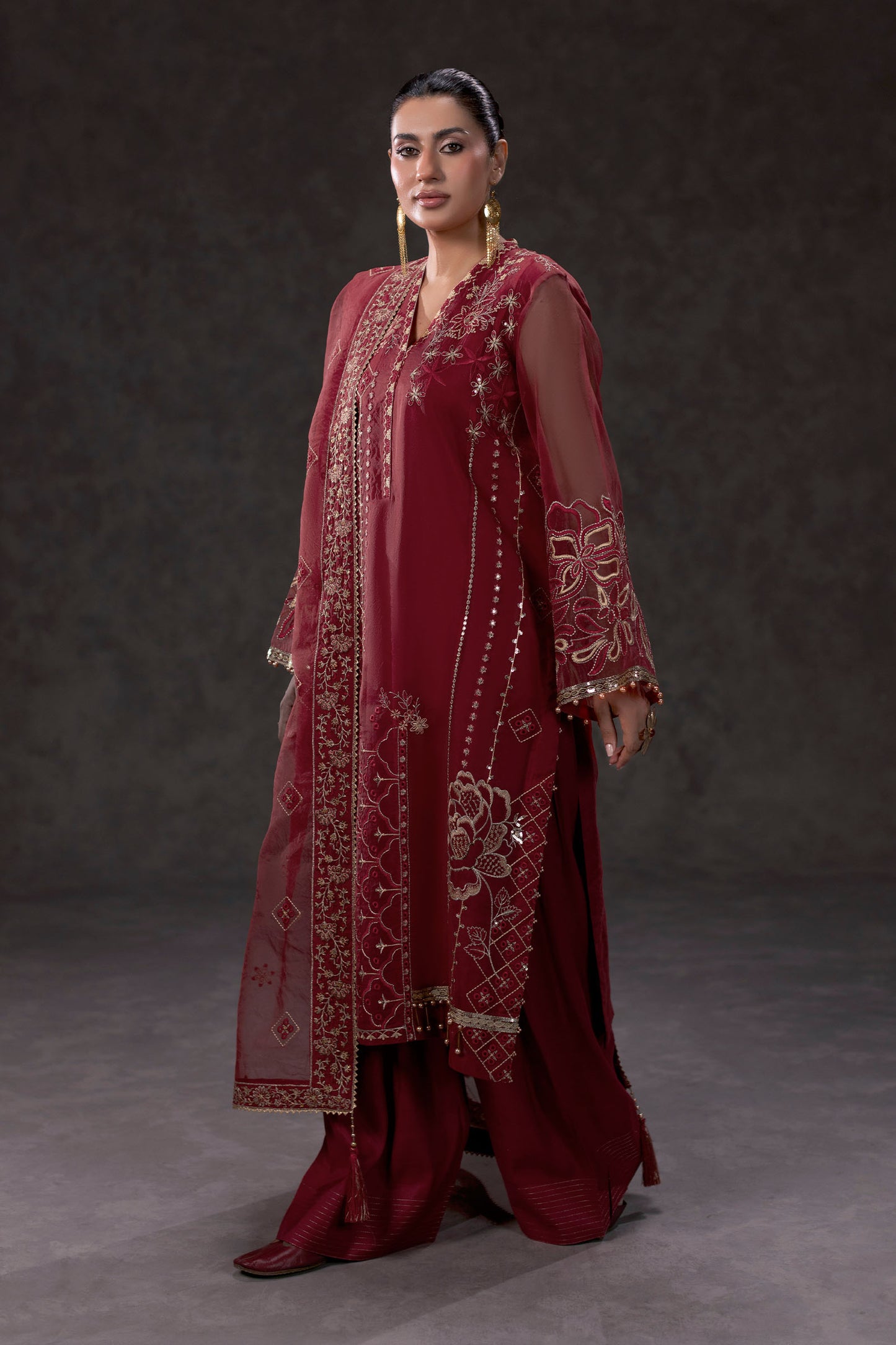 Red Embroidered Organza Suit – view 1