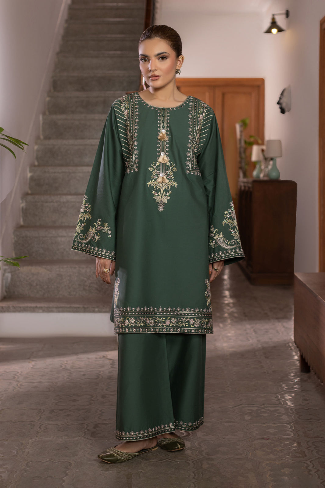 Forest Green Embroidered Cambric Cotton Suit