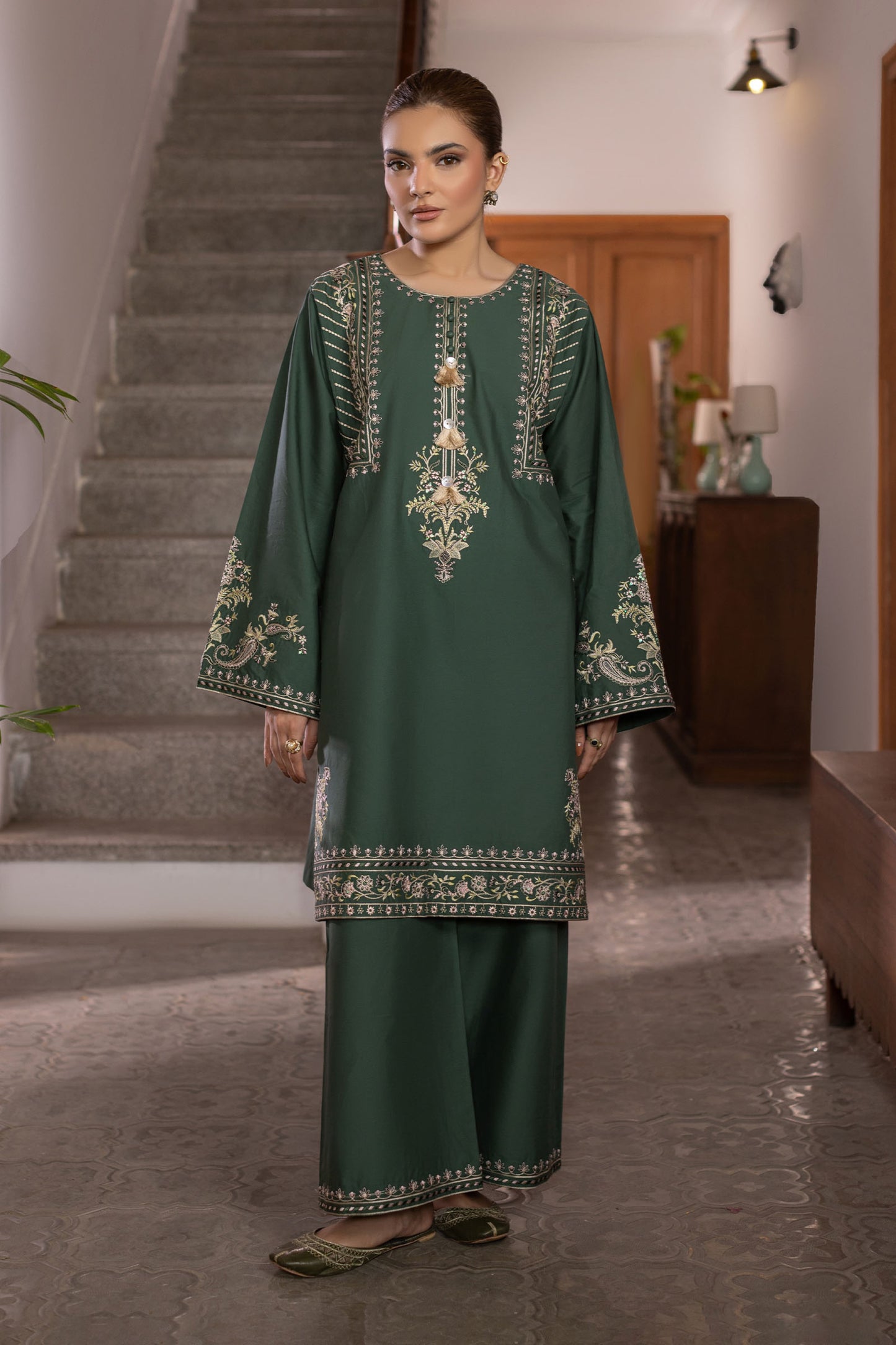 Forest Green Embroidered Cambric Cotton Suit
