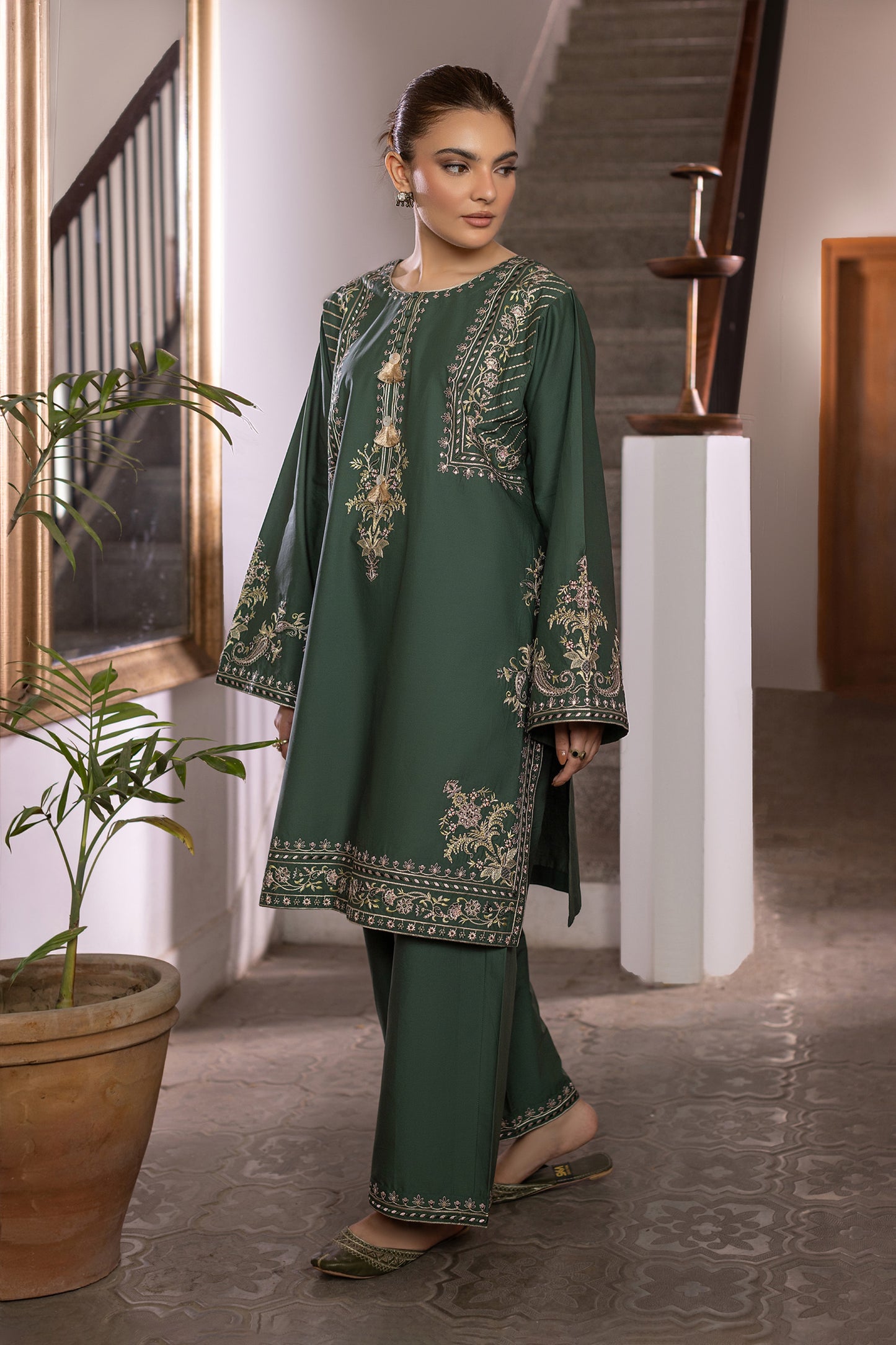 Forest Green Embroidered Cambric Cotton Suit – view 1