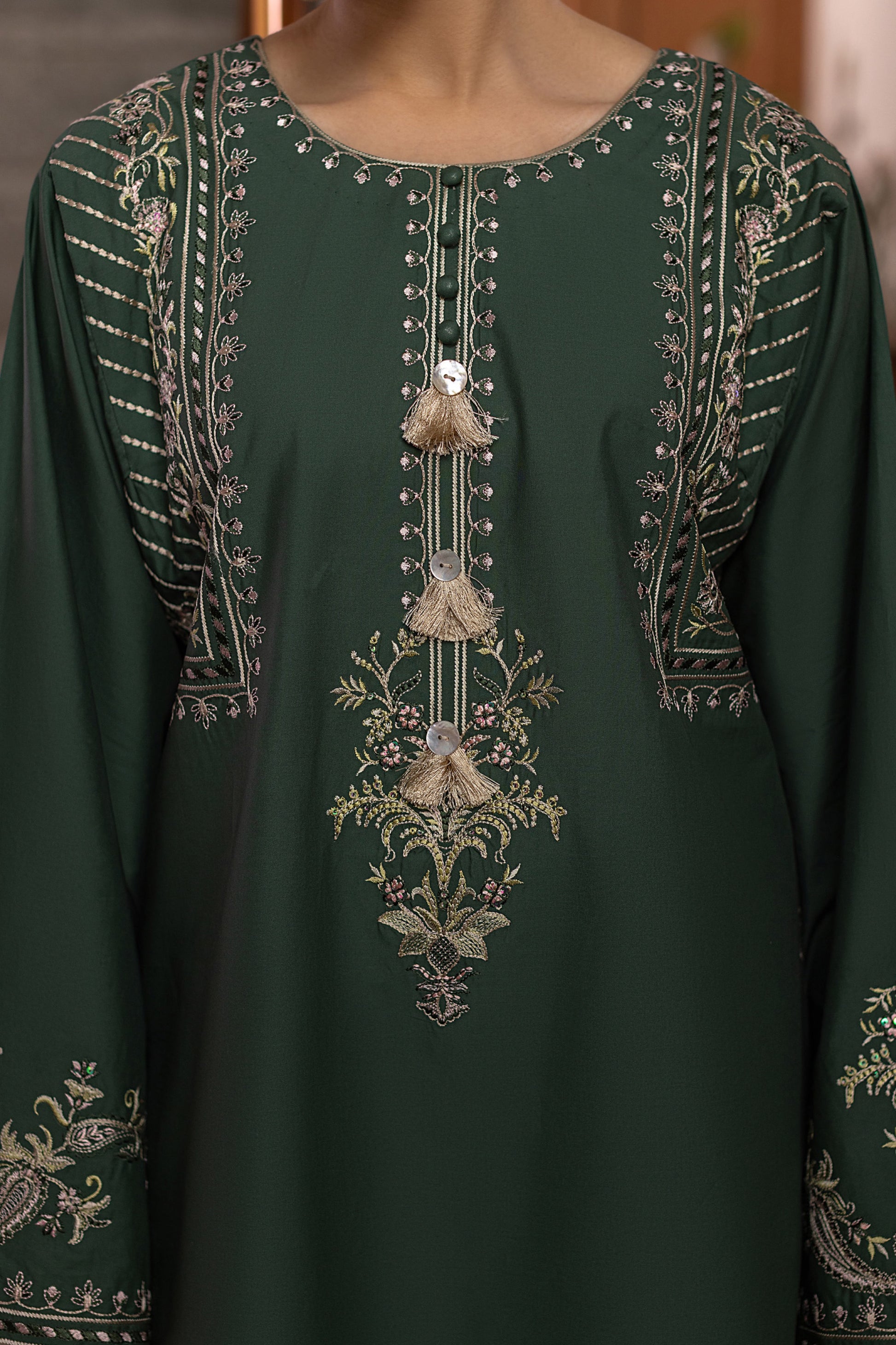 Forest Green Embroidered Cambric Cotton Suit – view 5