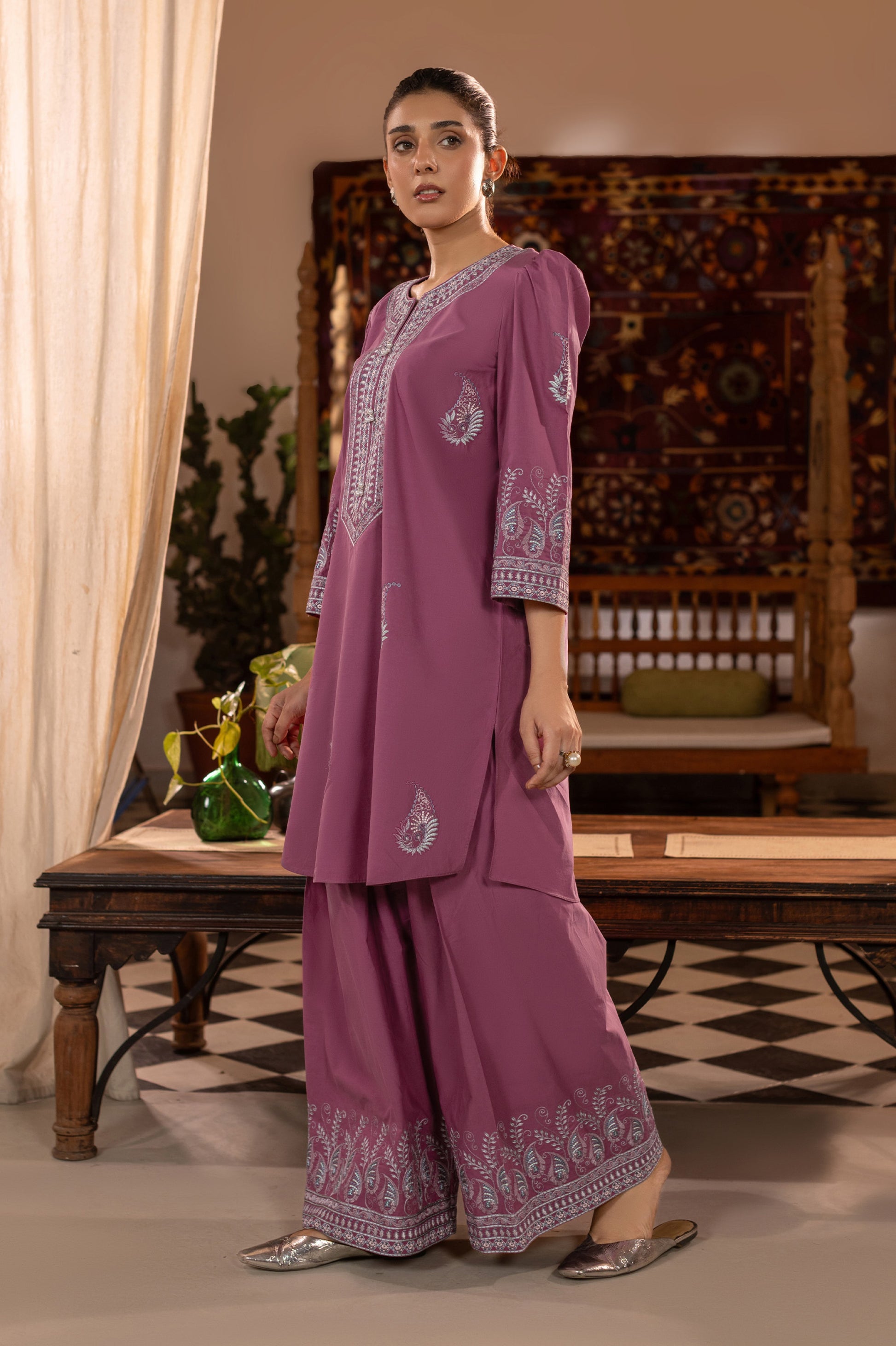 Raspberry Rose Embroidered Cambric Cotton Suit – view 1