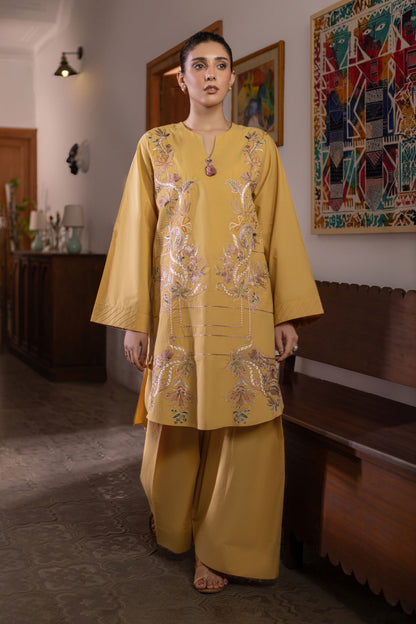 Mustard Embroidered Cambric Cotton Suit