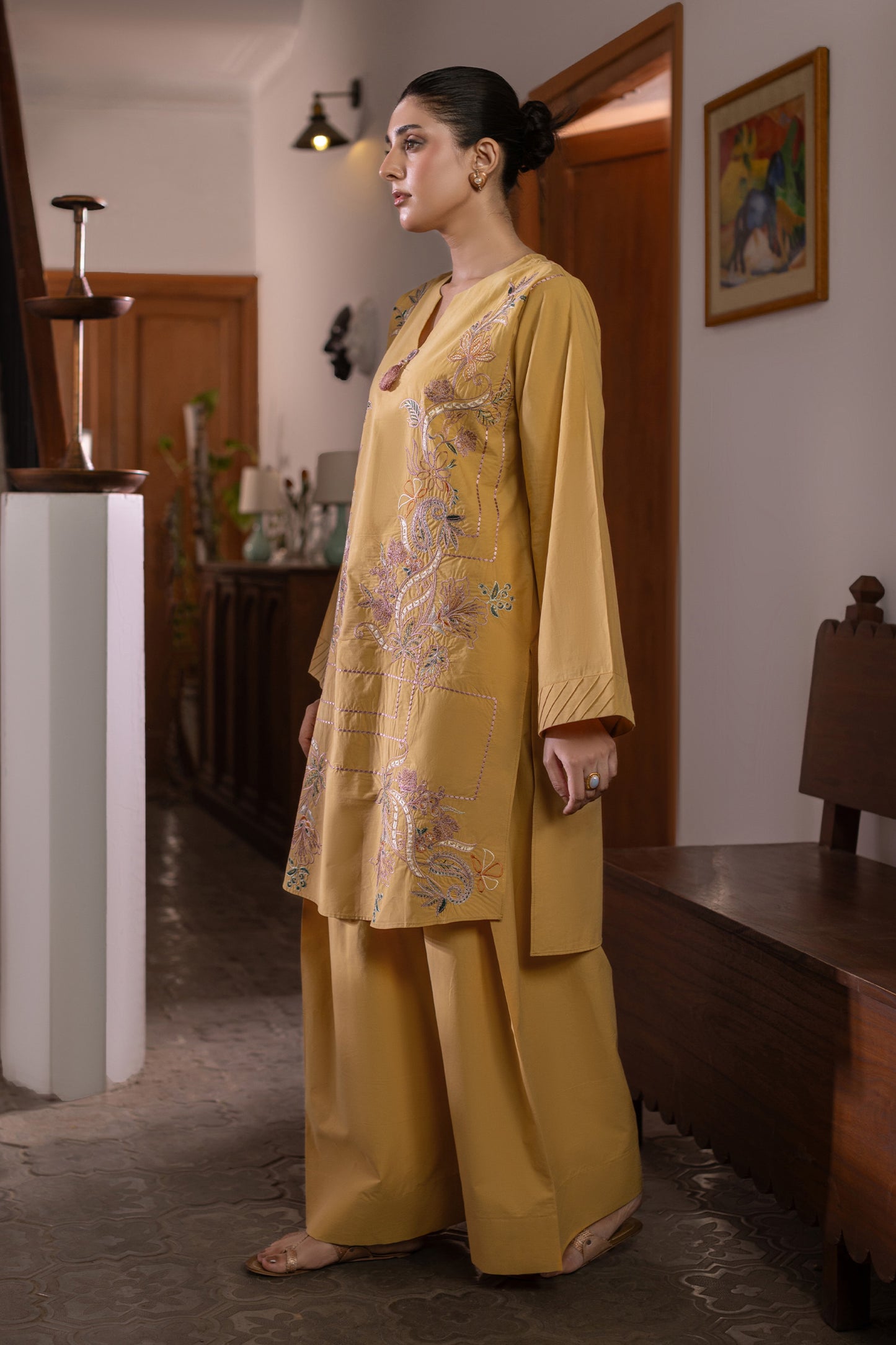 Mustard Embroidered Cambric Cotton Suit – view 1