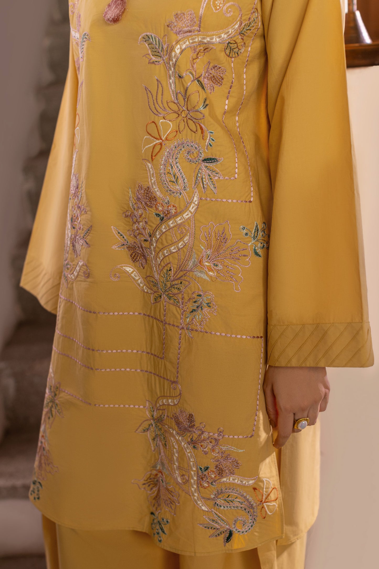 Mustard Embroidered Cambric Cotton Suit – view 4