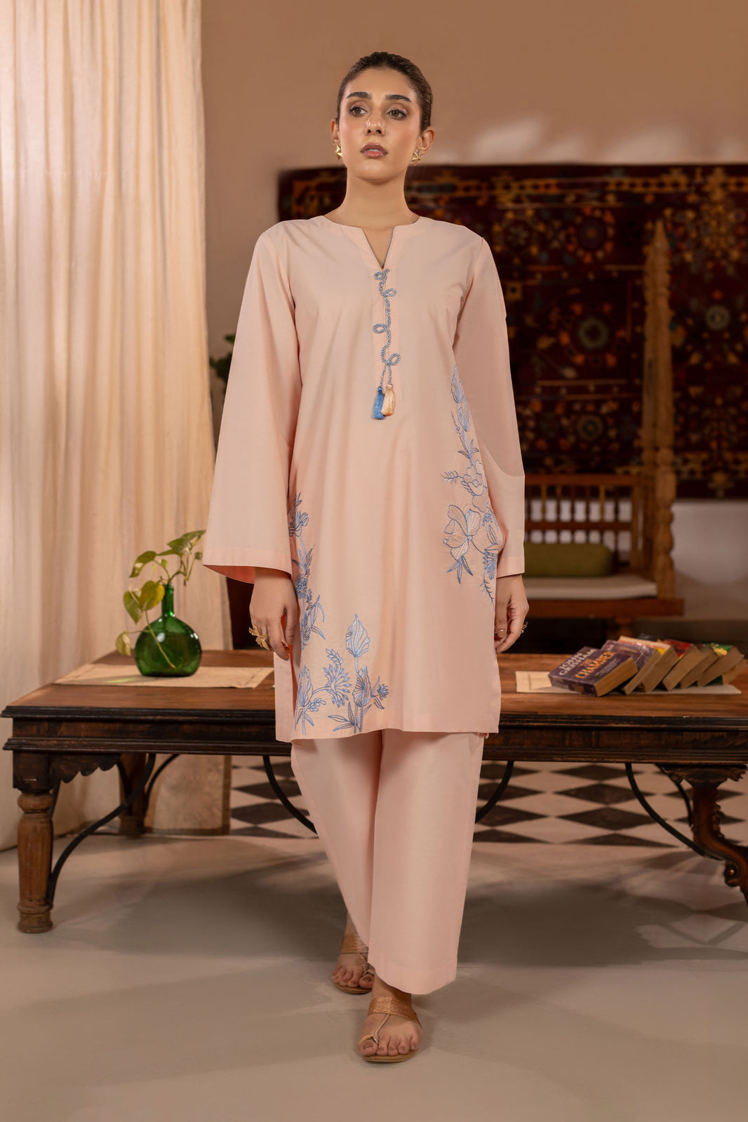 Peach Embroidered Cambric Cotton Suit