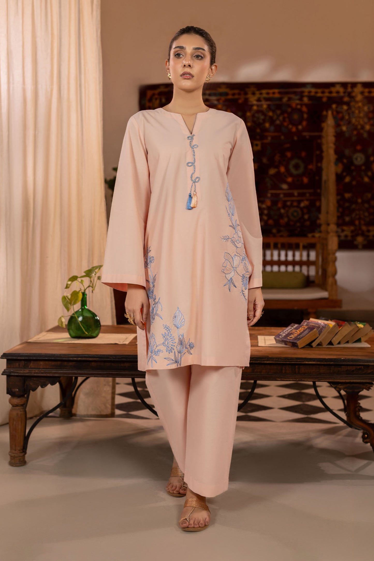 Peach Embroidered Cambric Cotton Suit