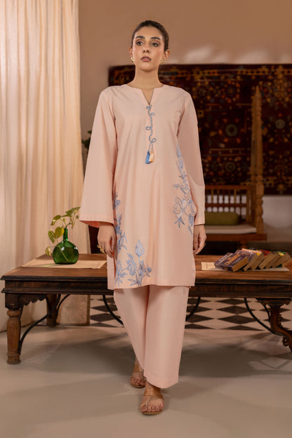 Peach Embroidered Cambric Cotton Suit